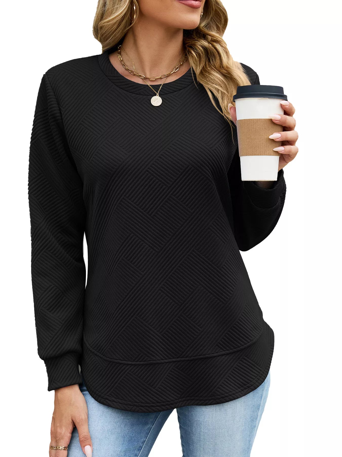 Trendsi Textured Crew Neck Sweatshirt -