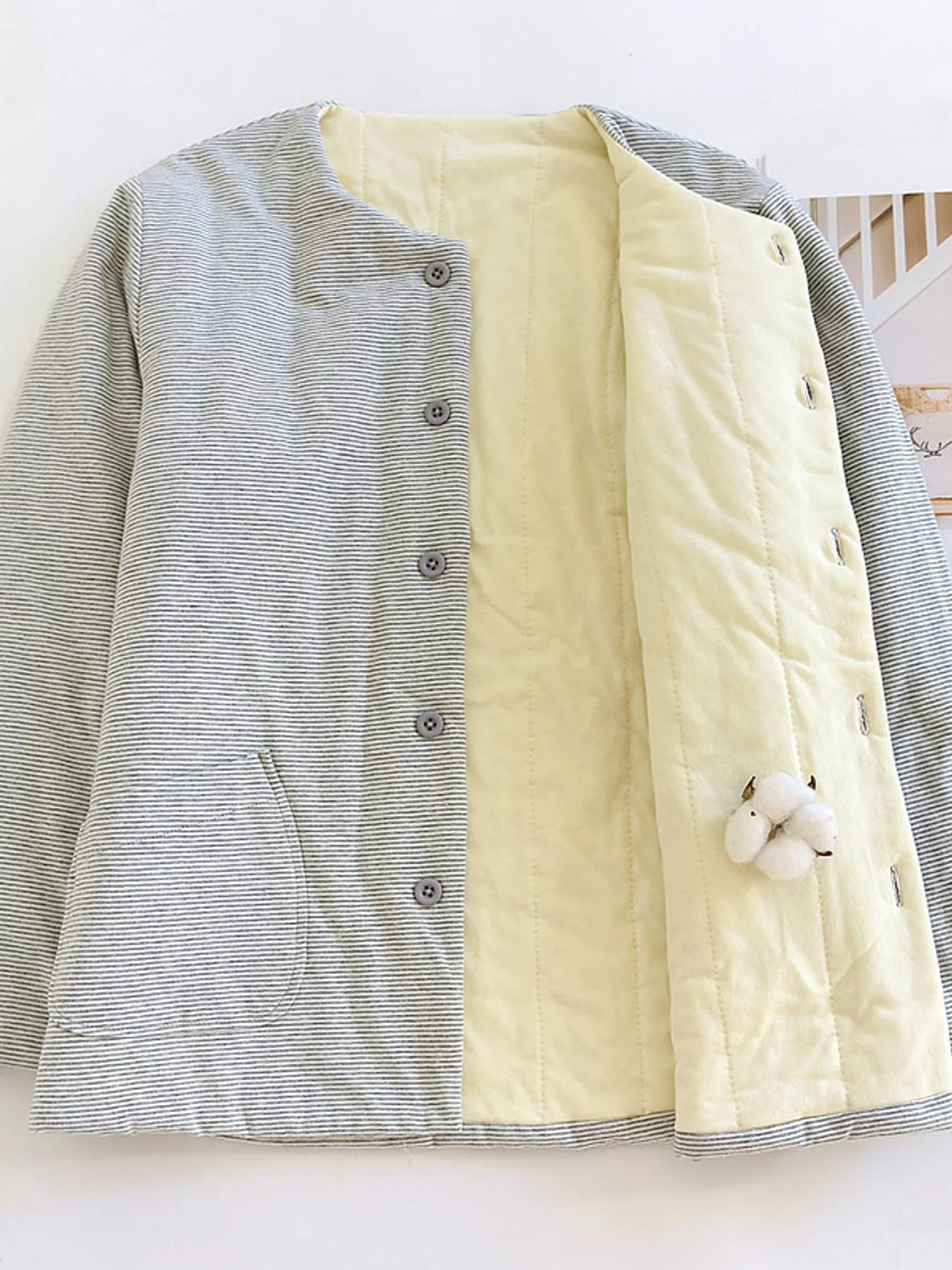 Quilted Crewneck Button-Down Jacket — garment front