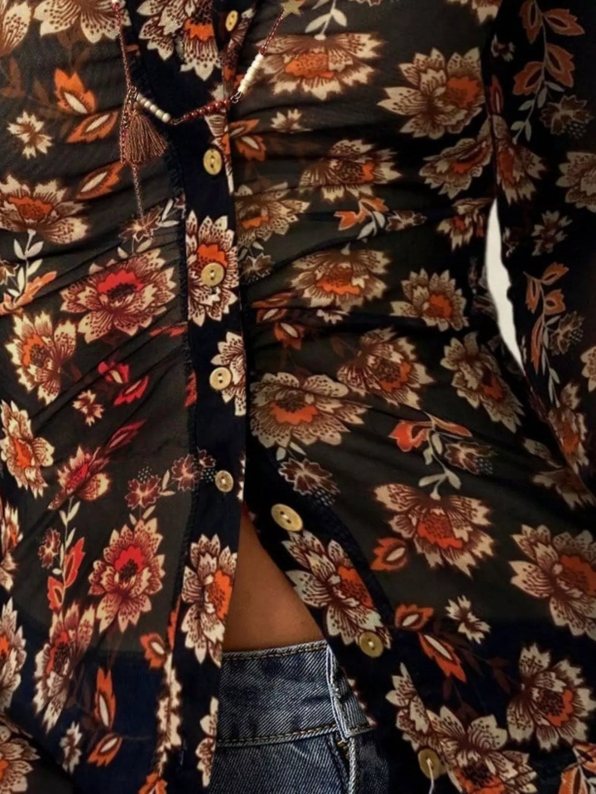 Women's Printed Flare Sleeve Button Down Top in Black, alternate view