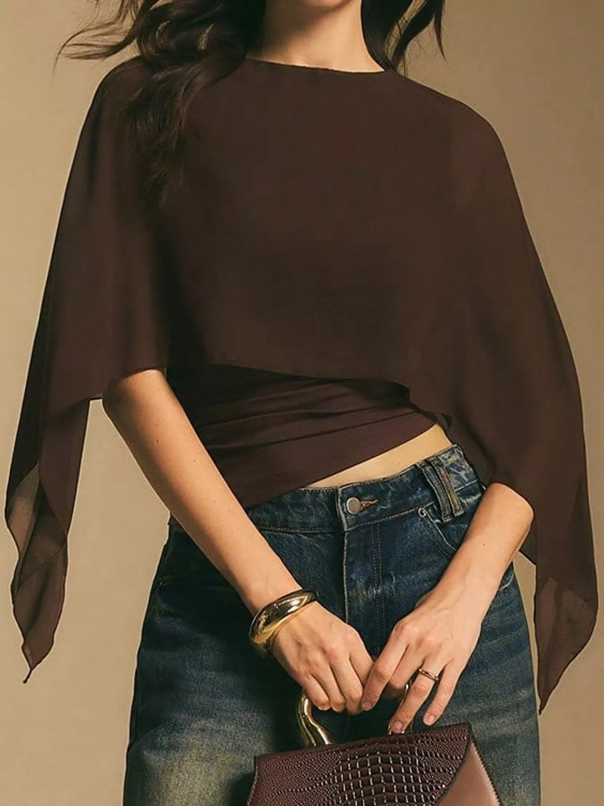Coffee cape sleeve round neck blouse