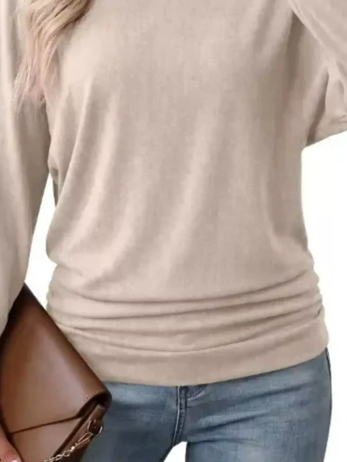 Cream crew neck t-shirt with ruched hem, knit texture and gathered lower hem