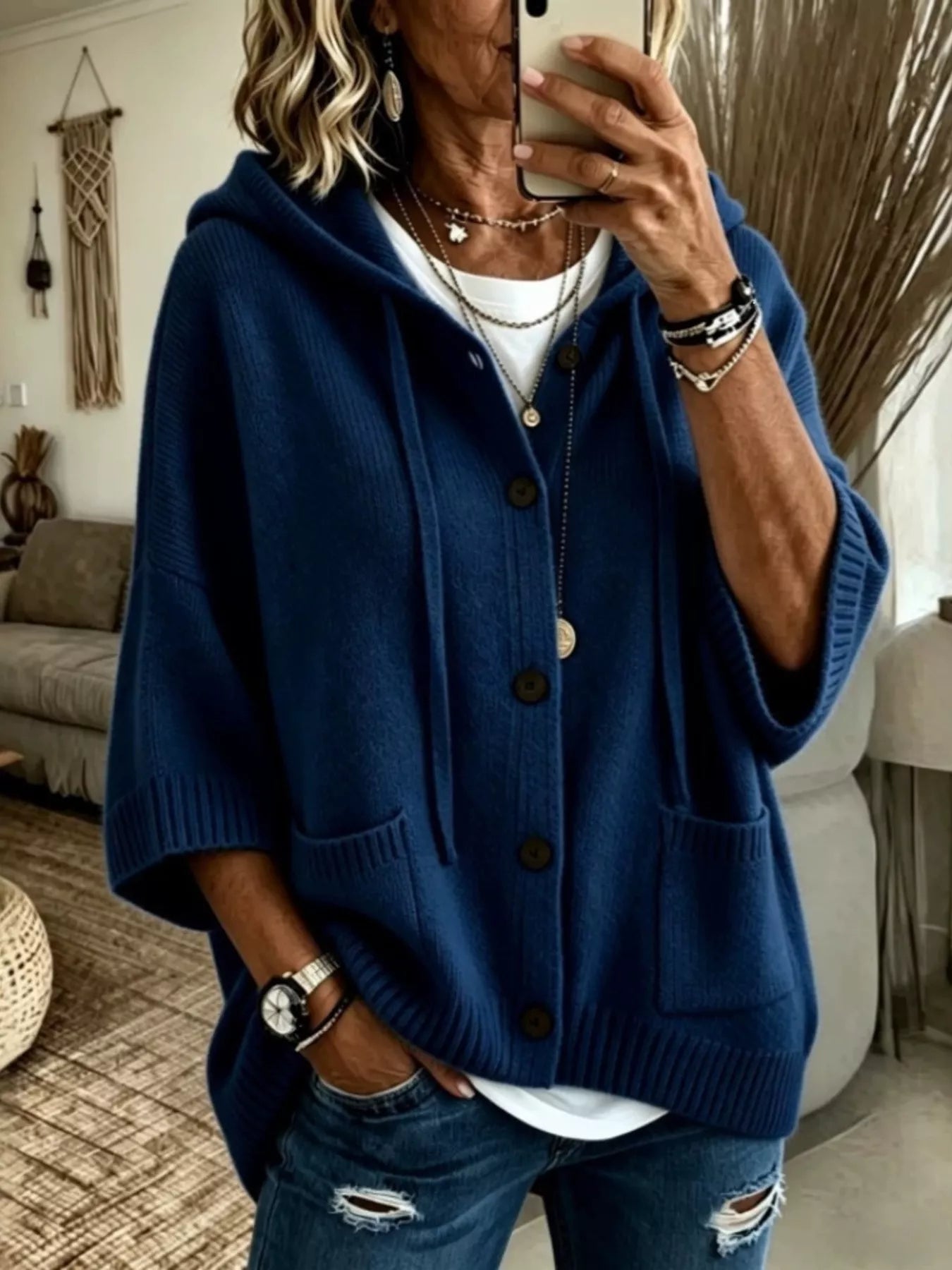 Trendsi Hooded Button-Down Knit Cardigan -