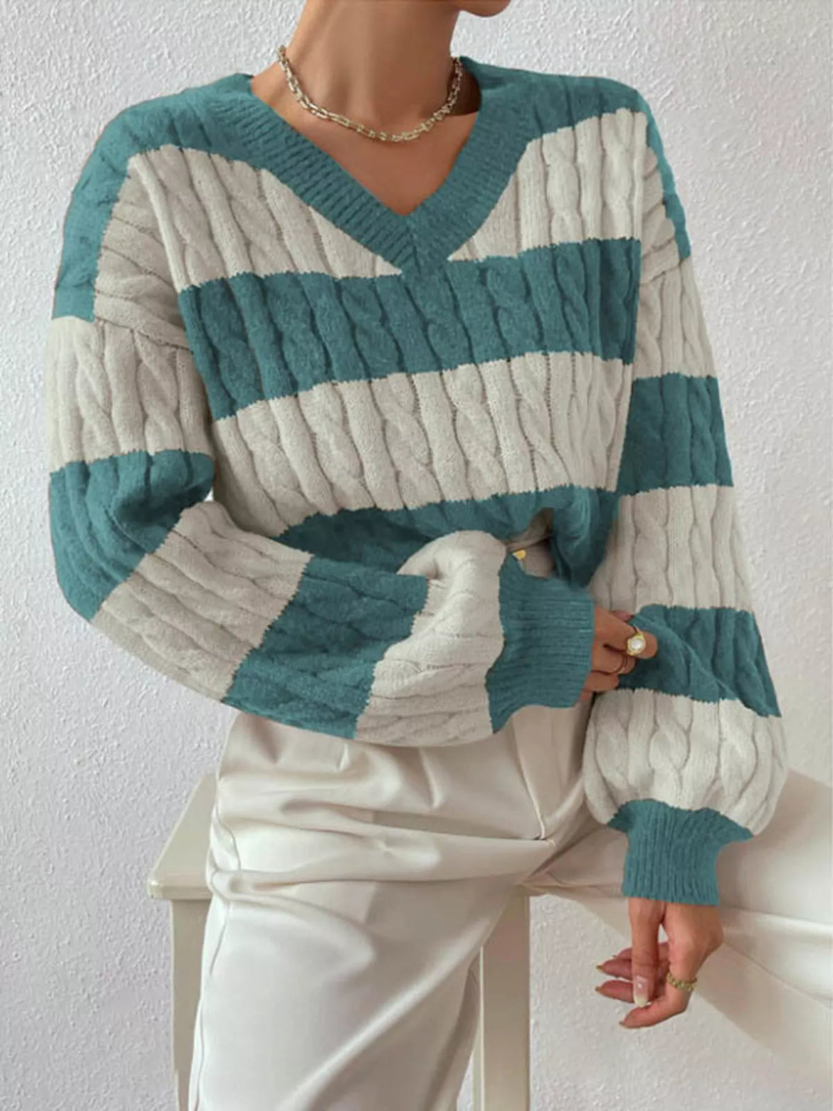Women's V-Neck Striped Cable Knit Sweater in Haze Blue, front view