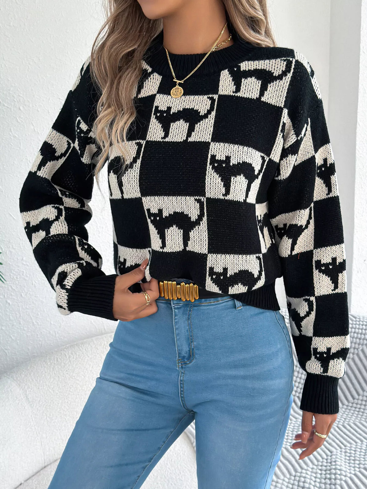 Checkerboard Halloween Graphic Sweater in black cat, front view