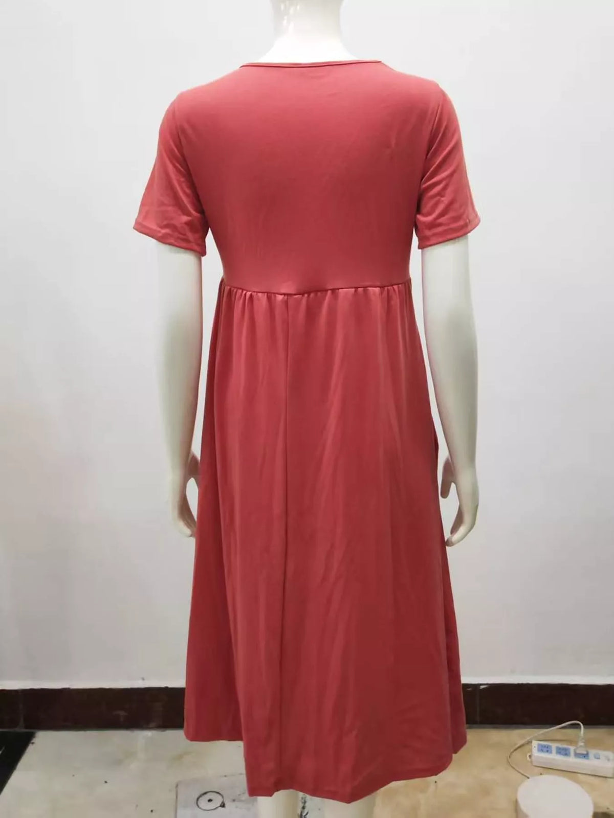 Pink crisscross short sleeve midi dress, back view
