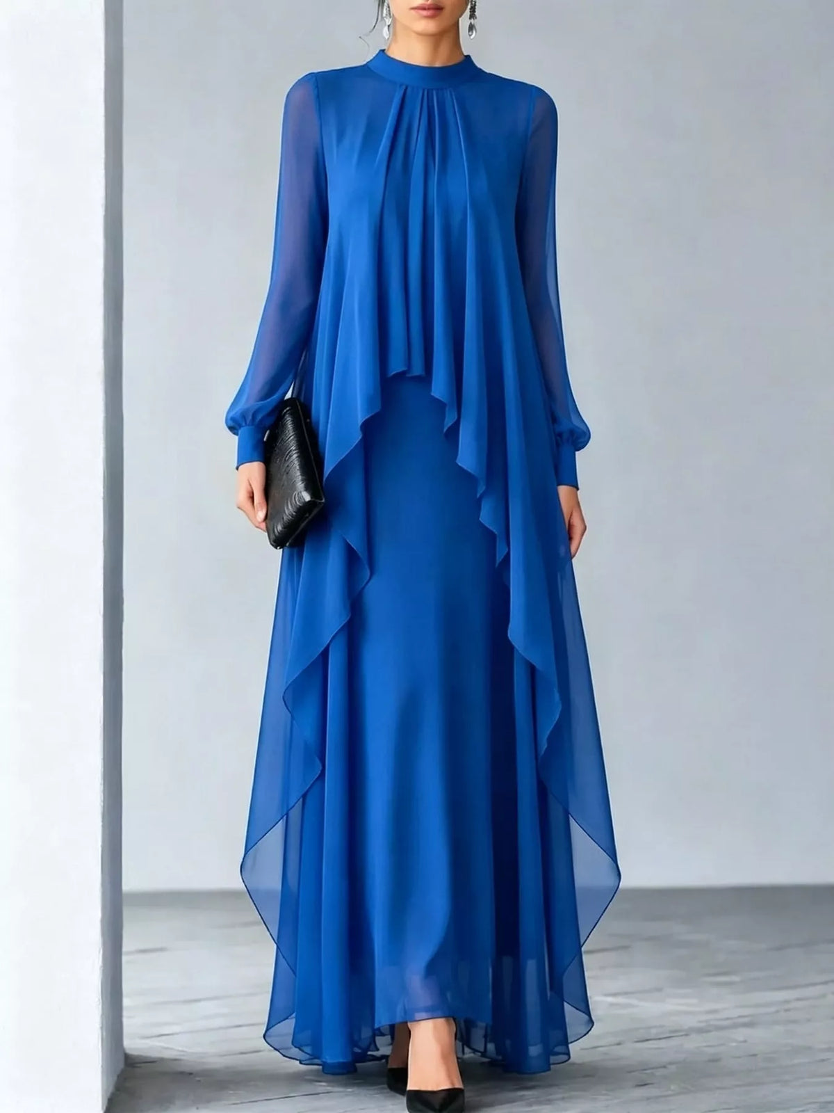 Sheer Sleeve Chiffon Layered Maxi Dress in navy