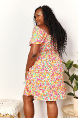 Trendsi Devine Smocked Sweetheart Neck Flounce Sleeve Mini Dress -