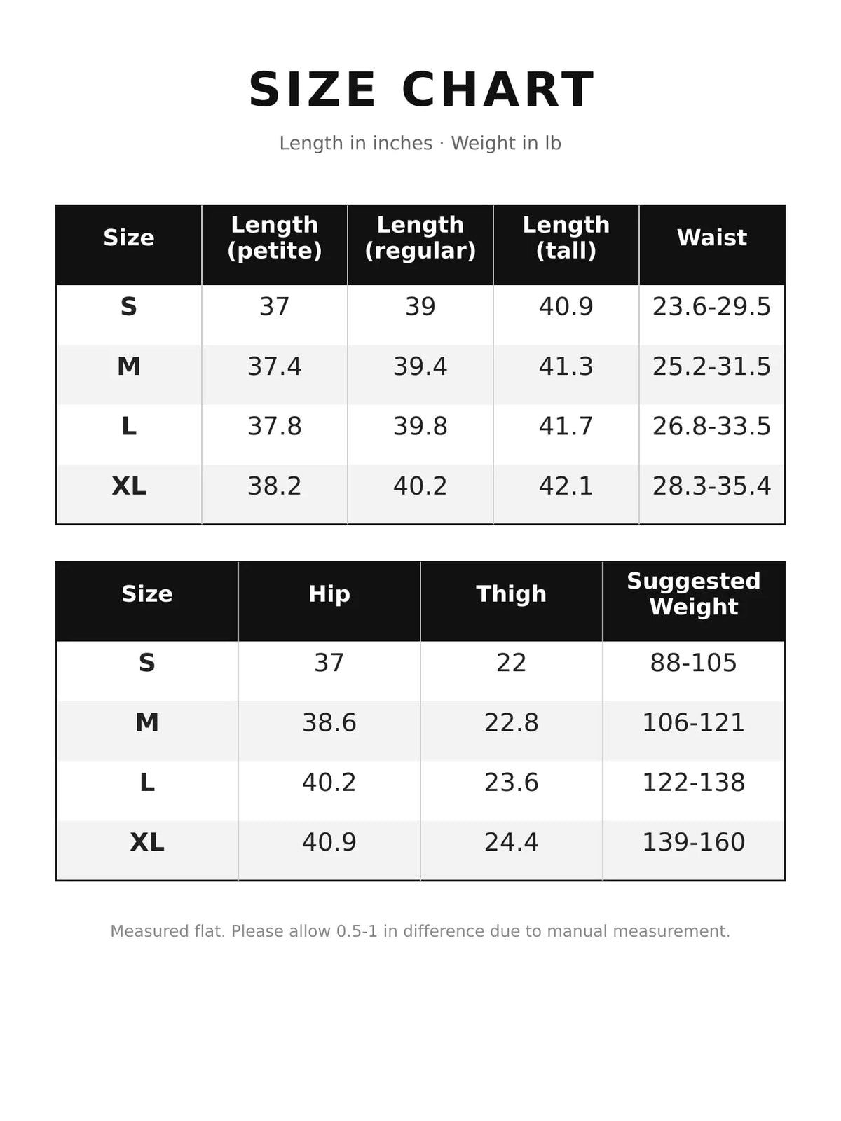 Size chart for women's high-waisted loose fit wide-leg casual pants