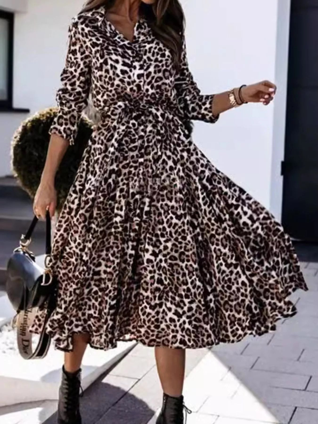 Trendsi Leopard Print Button-Down Midi Dress with Belt -