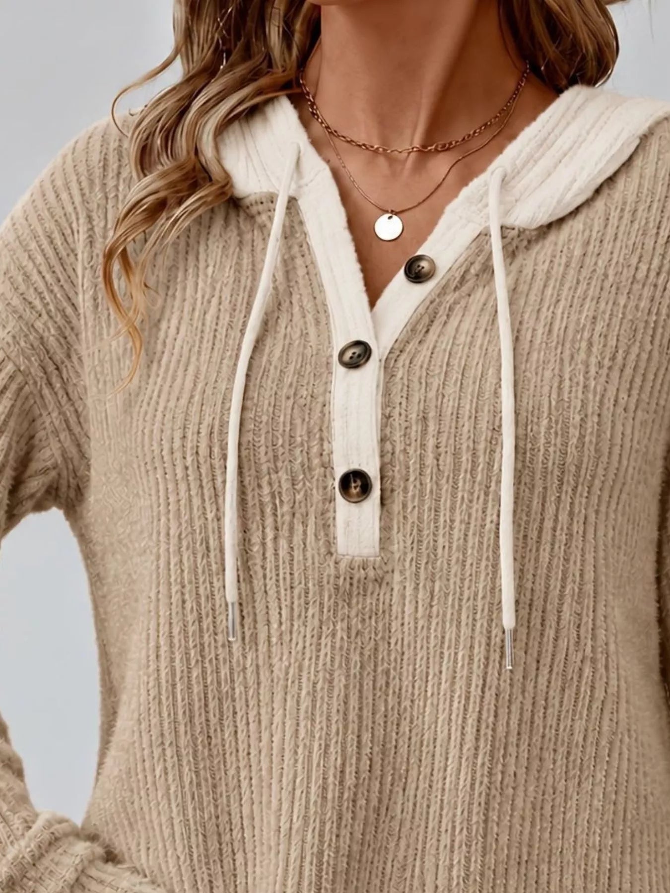Trendsi Full Size Drawstring Button Detail Hooded Sweater Plus Size -