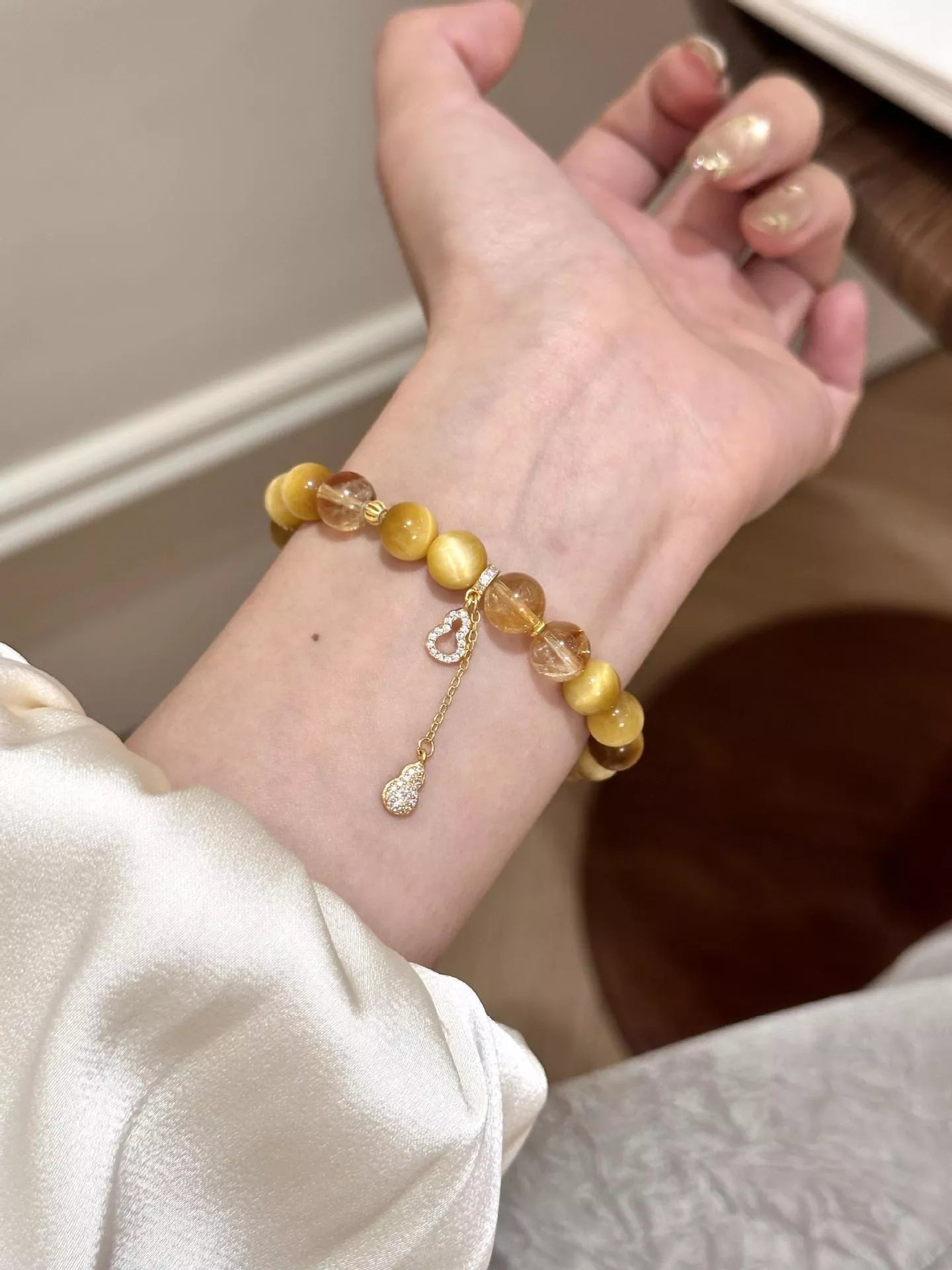 Trendsi Tiger Eye Beaded Bracelet with Gourd Charm -