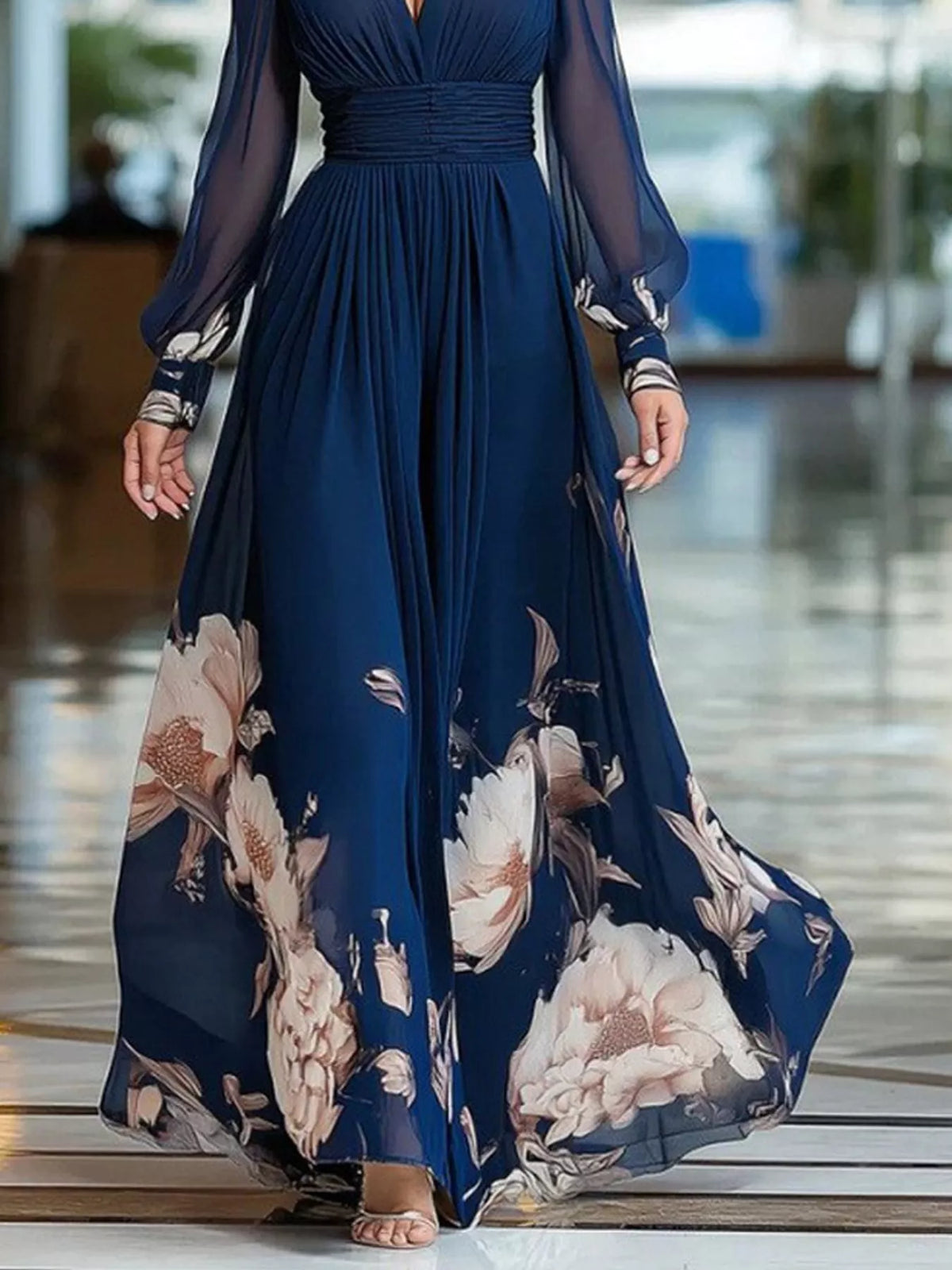 Navy floral v neck maxi dress, detail view