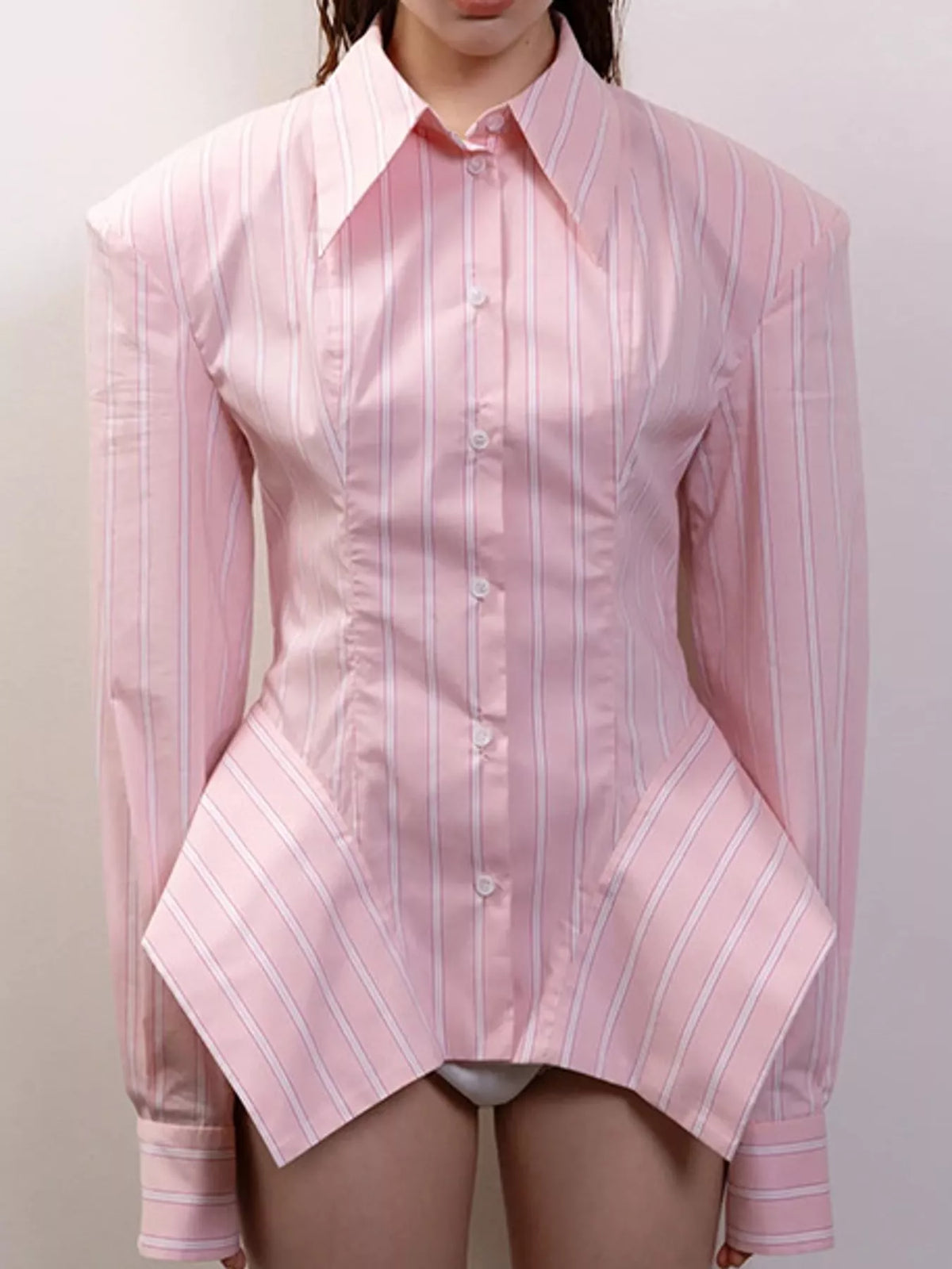 Striped Button Up Shirt in pink, front view