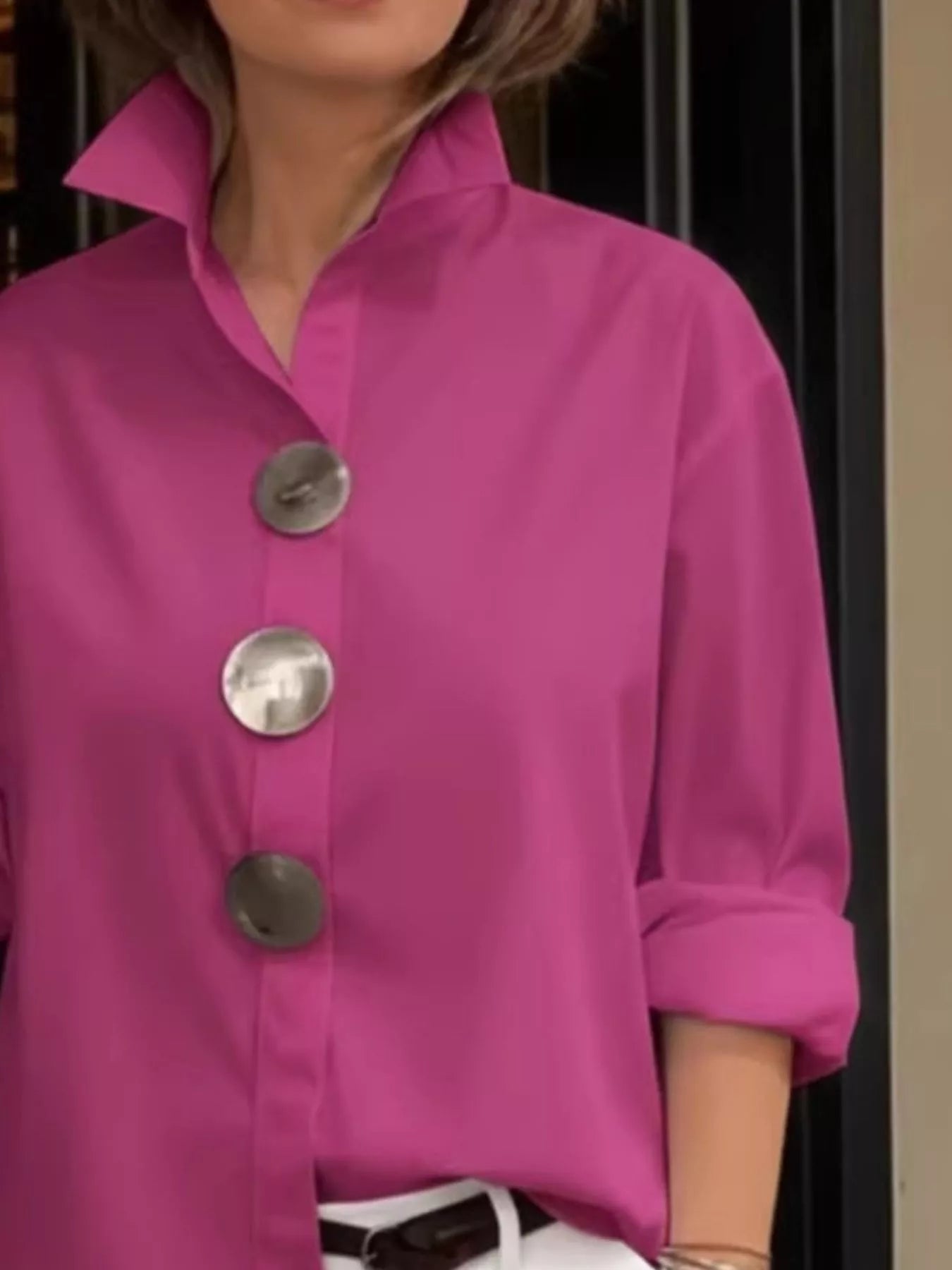 Trendsi Full Size Oversized Metal Button Long Sleeve Shirt Plus Size -