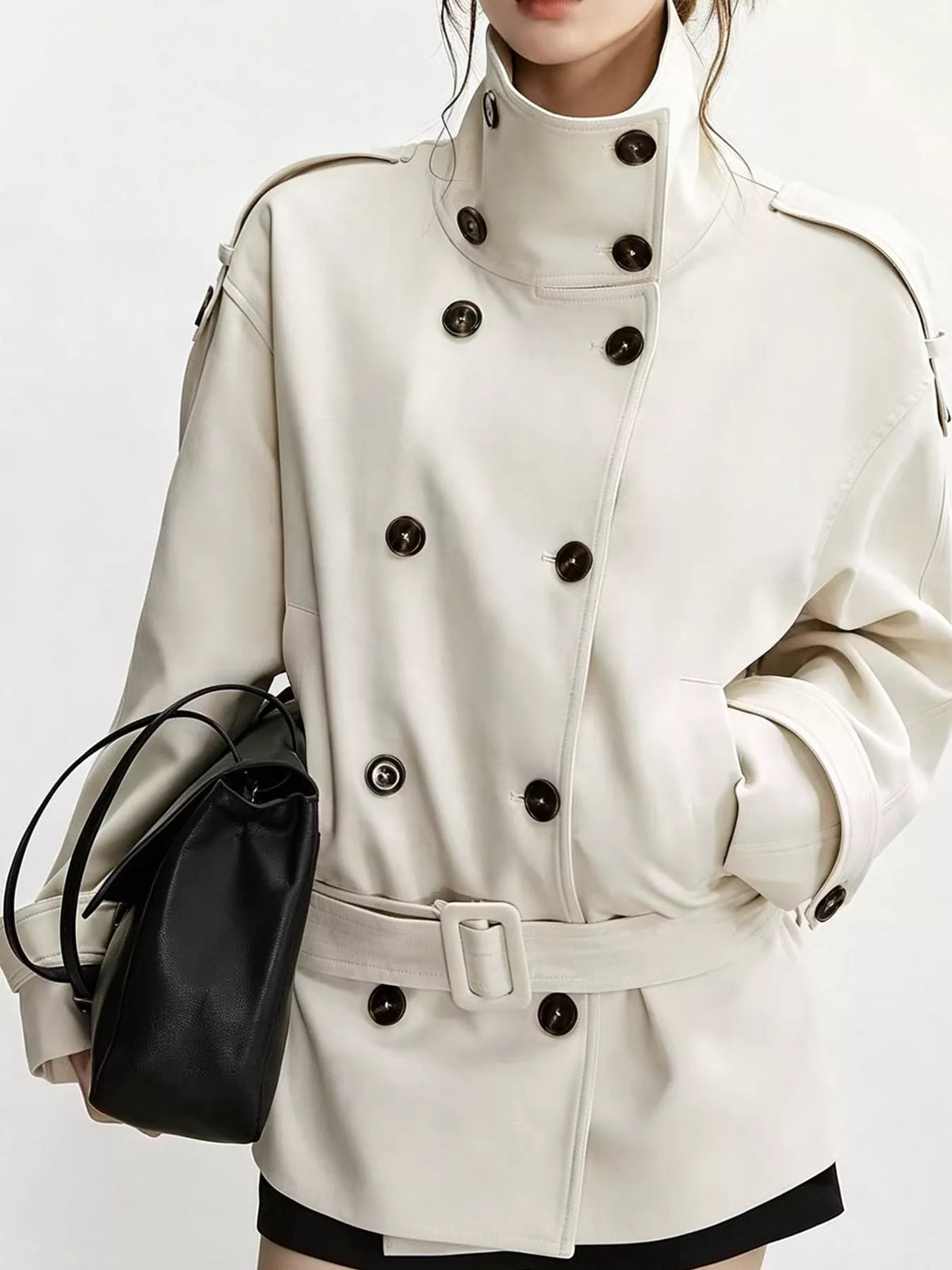 Cream double-breasted high-neck belted trench coat