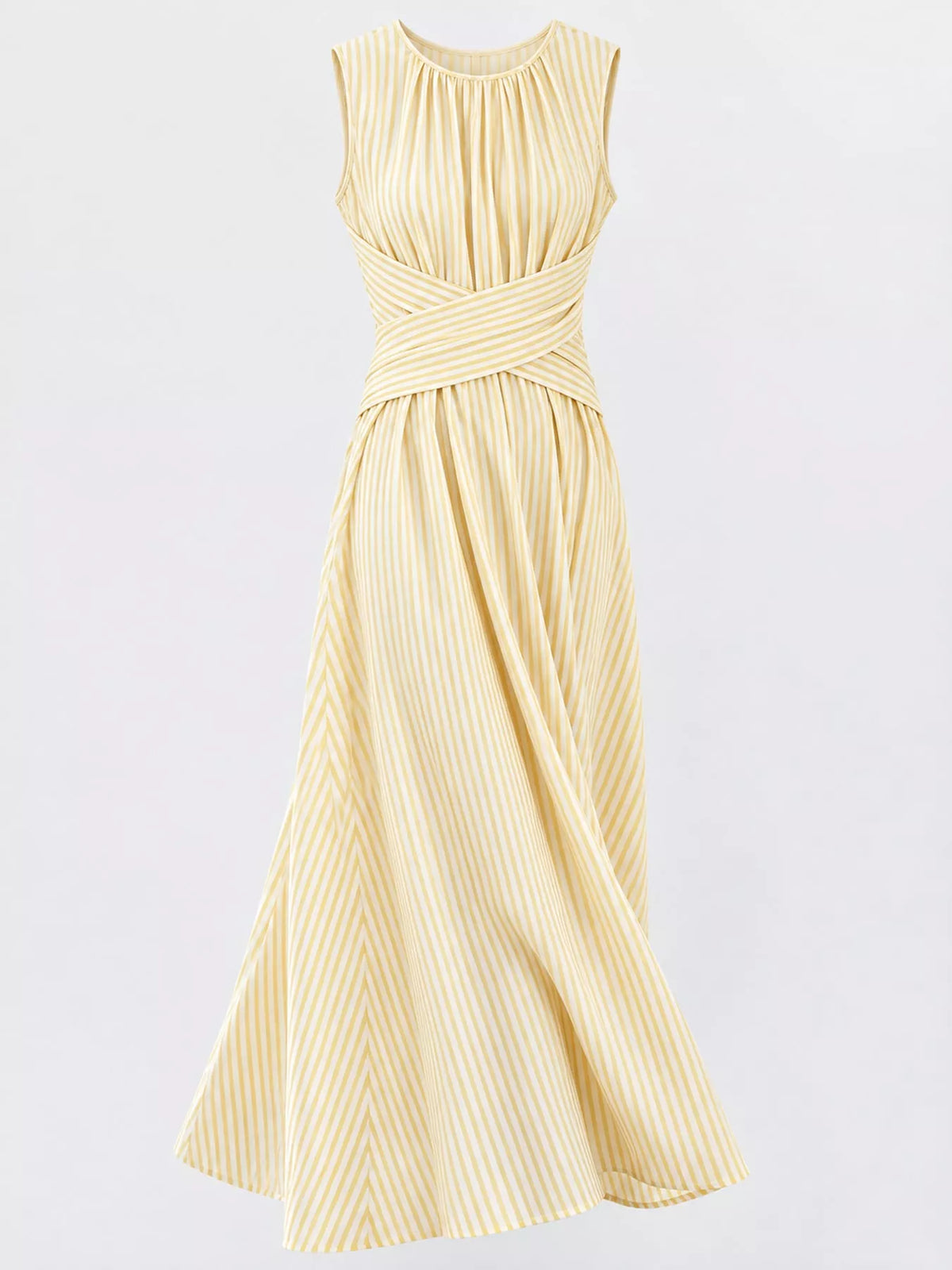 Women's Sleeveless Striped Maxi Dress with Criss-Cross Waist Detail in yellow striped — flat lay view