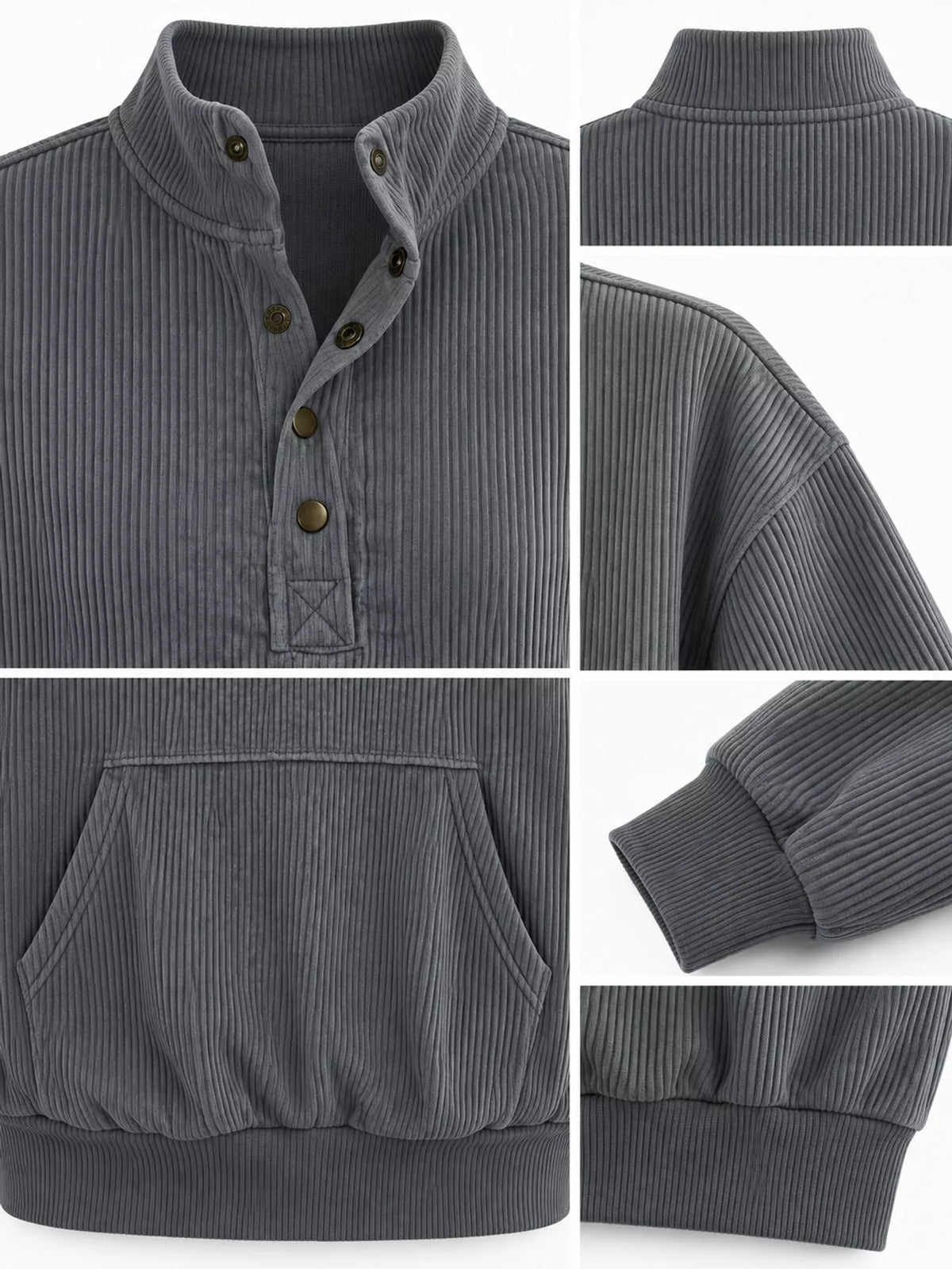 Quarter-snap sweatshirt, gray detail collage