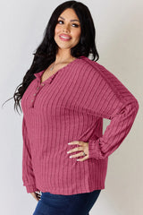 Trendsi Basic Bae Full Size Ribbed Half Button Long Sleeve T-Shirt -