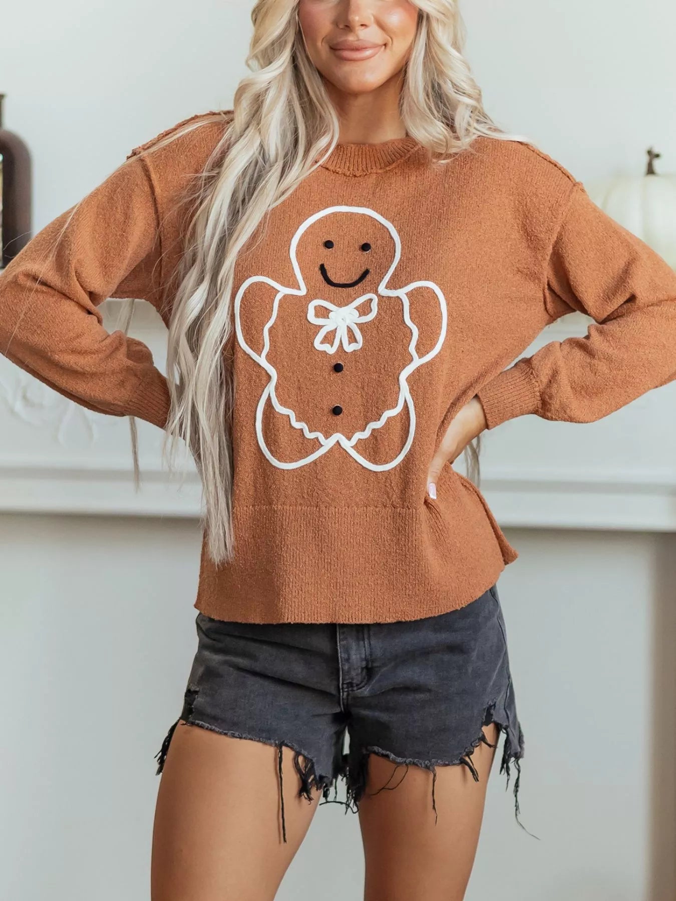 Trendsi Oversized Drop Shoulder Round Neck Christmas Sweater -