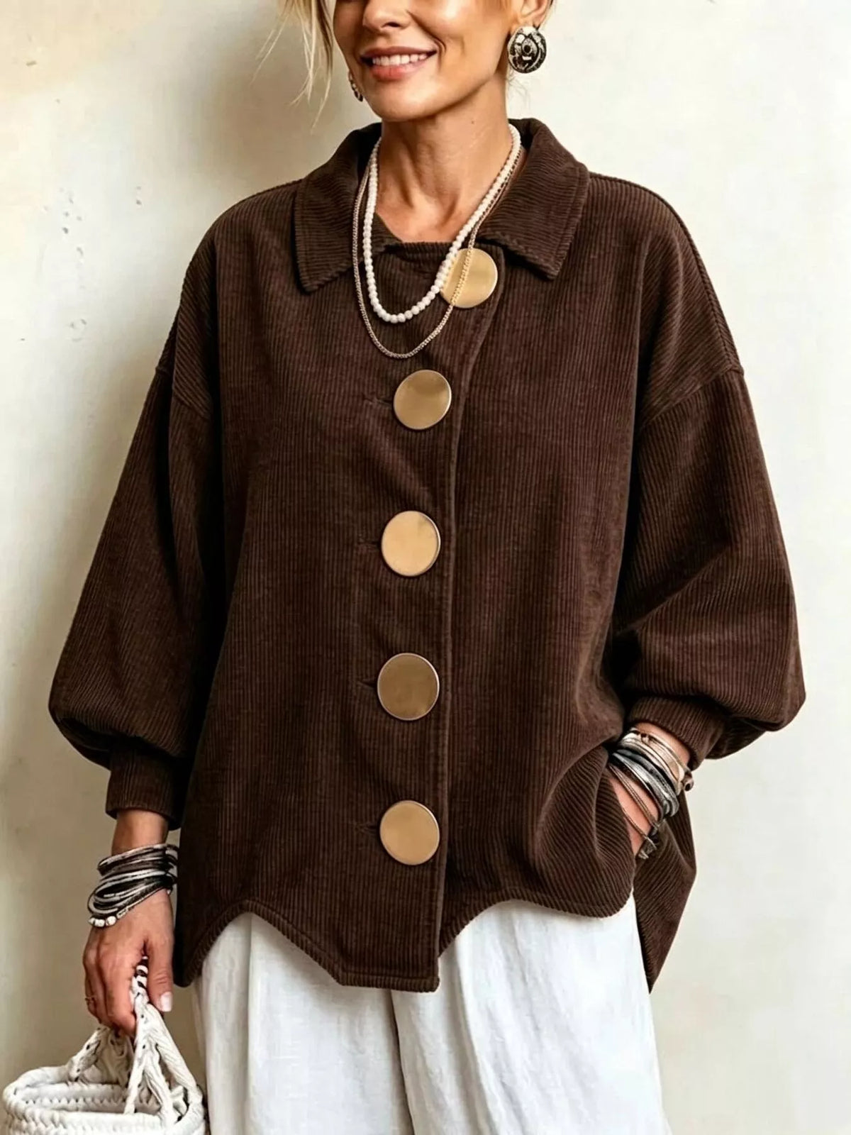 Women's Corduroy Button-Down Jacket in brown — front view