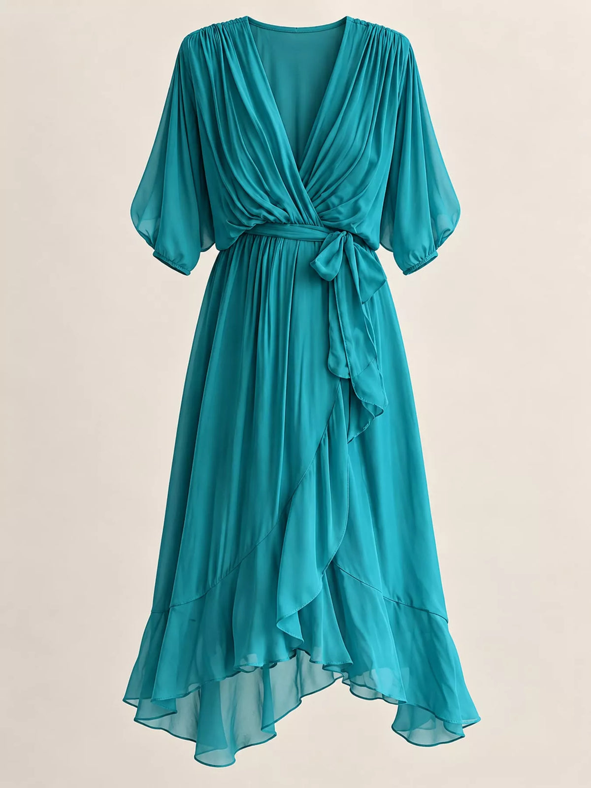 Teal batwing sleeve wrap dress with waist tie, front view