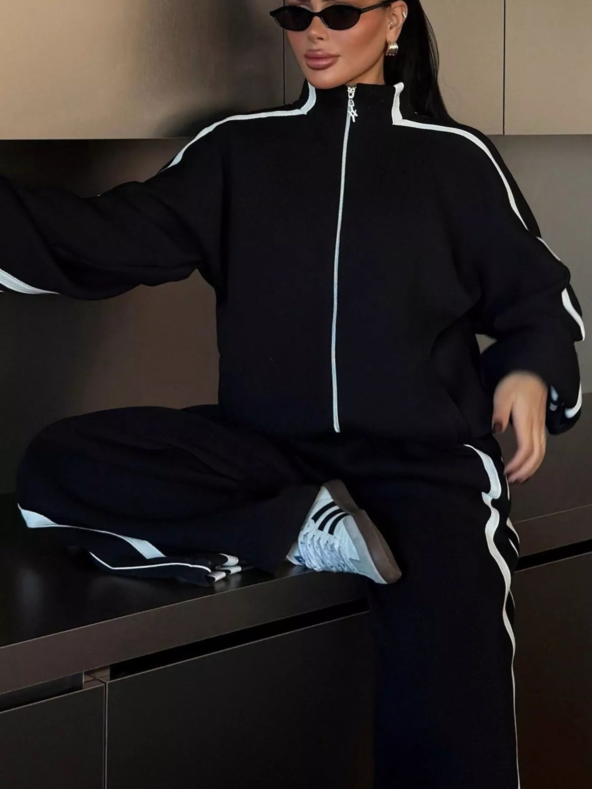 Trendsi Side Stripes Zip Up Top and Pants Set -