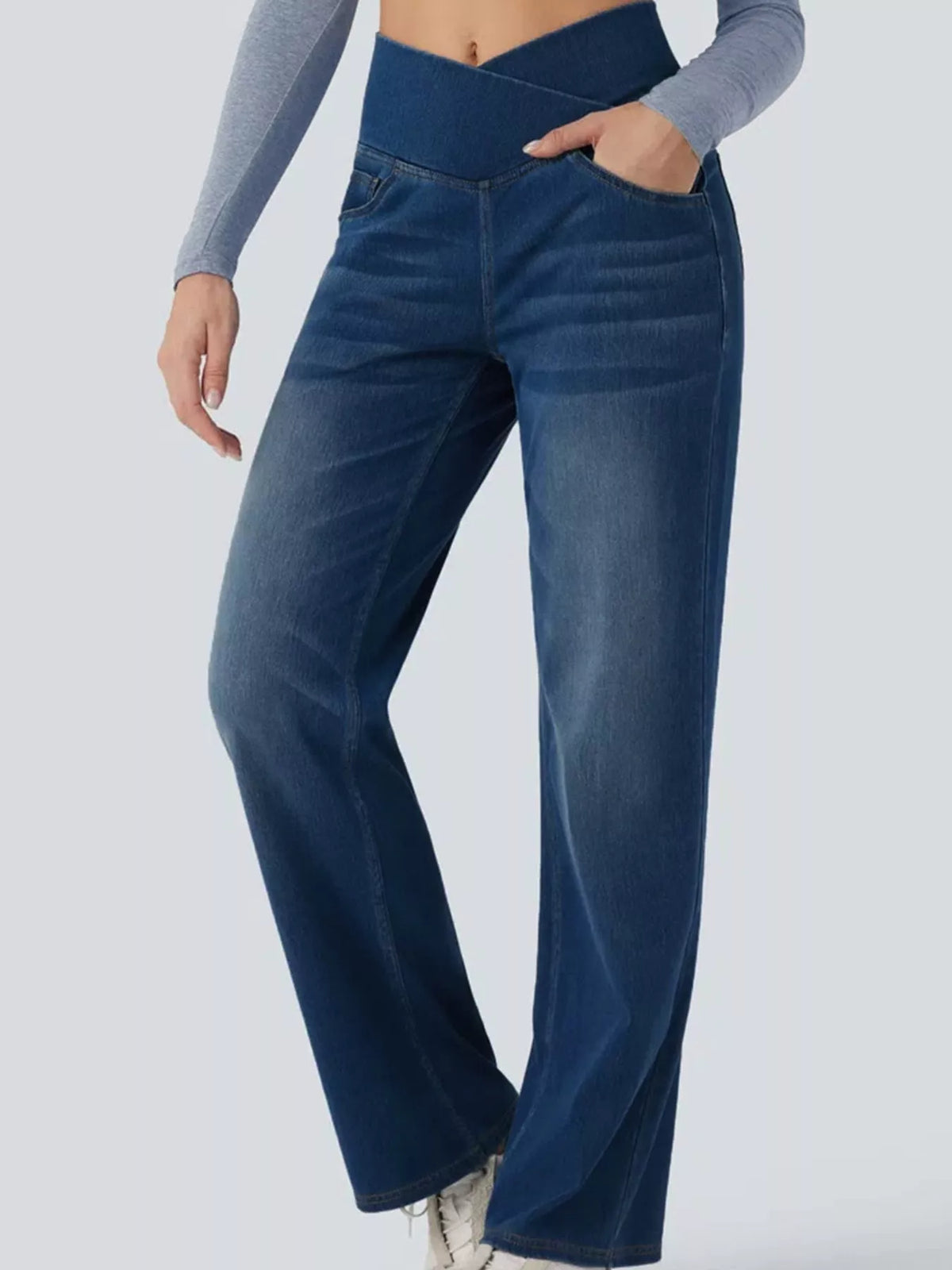 High-Waisted Crossover Straight-Leg Jeans, front view