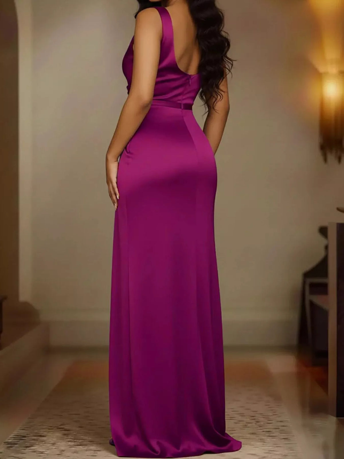 Purple satin cowl neck high slit evening maxi dress, back view