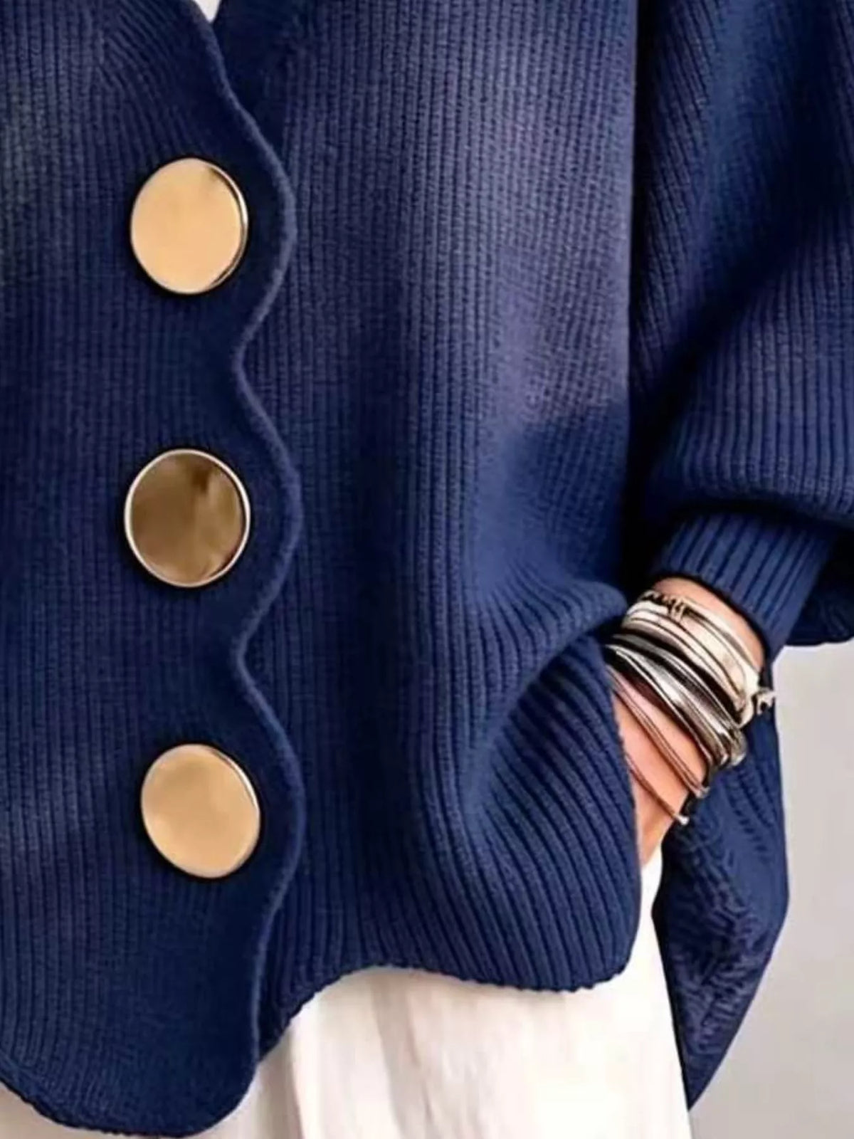Women's Scalloped-Edge Oversized Button-Down Cardigan in Navy, back view