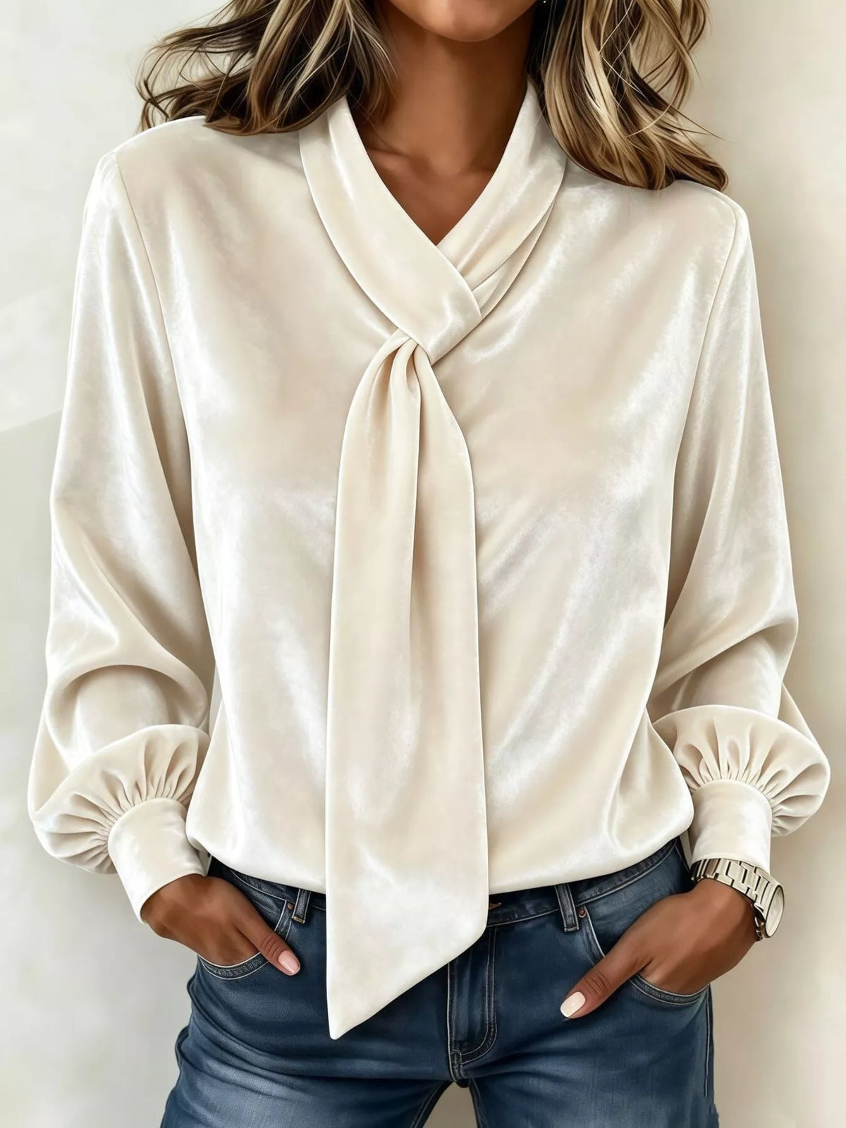 Cream velvet tie-neck blouse
