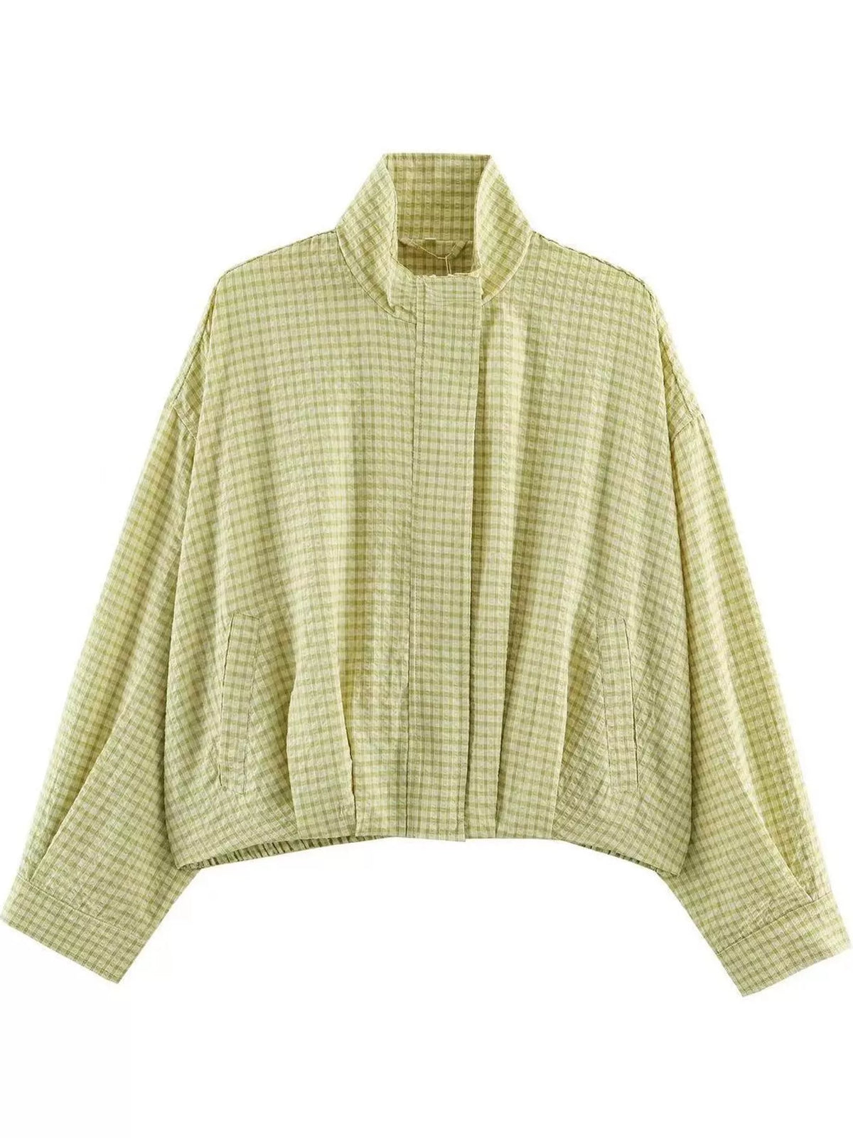 Lime Green plaid stand-collar cropped jacket
