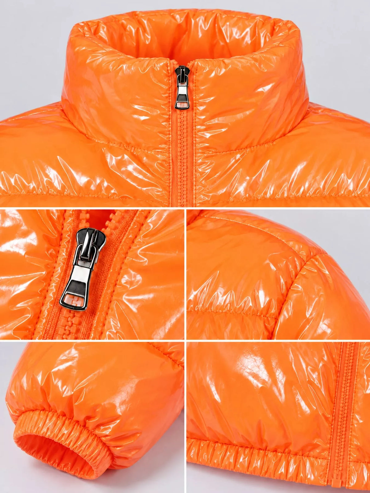 Glossy Stand-Collar Zip-Up Puffer Jacket — garment construction details