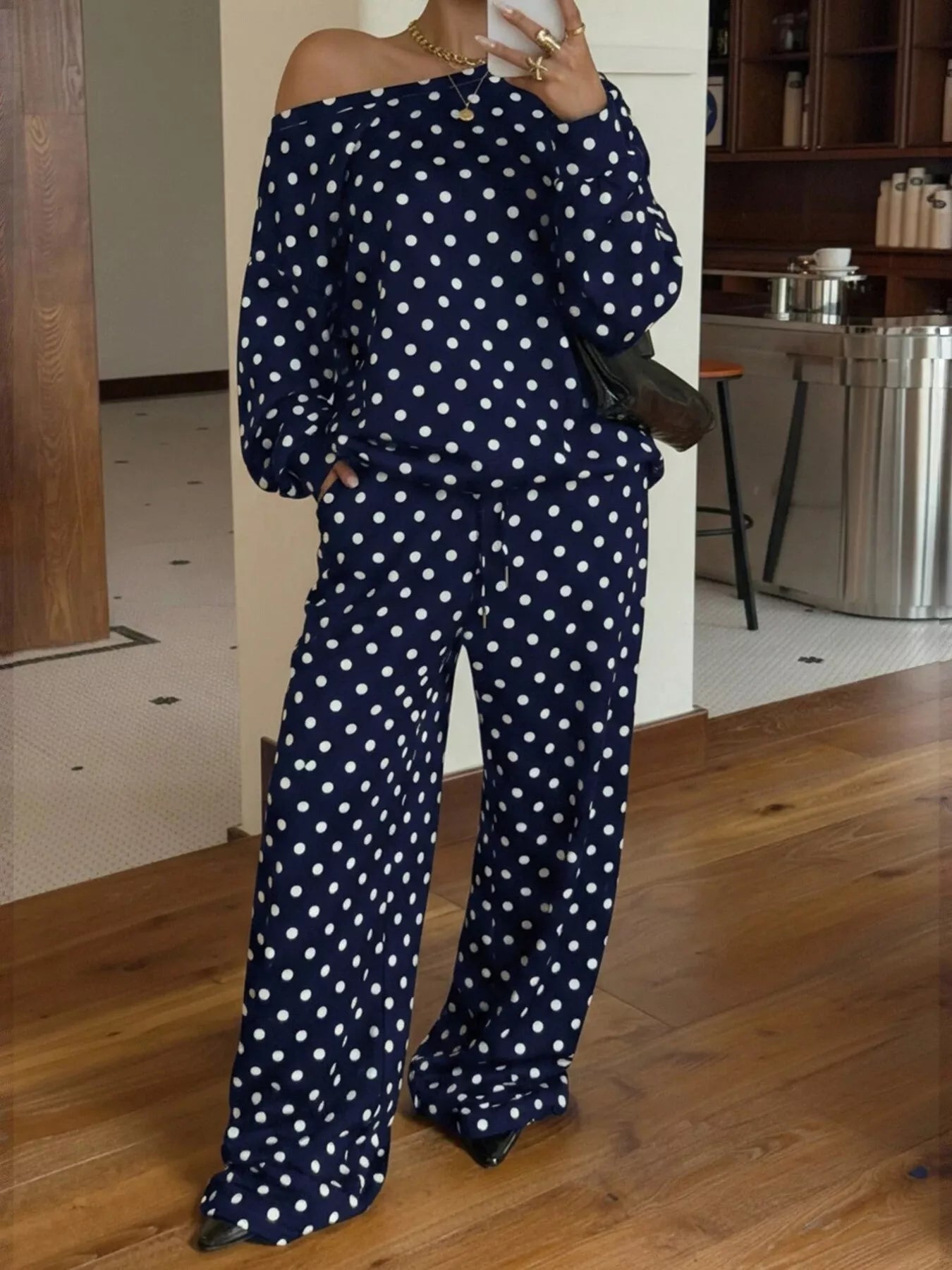 Women's polka dot boat neck top and pants set