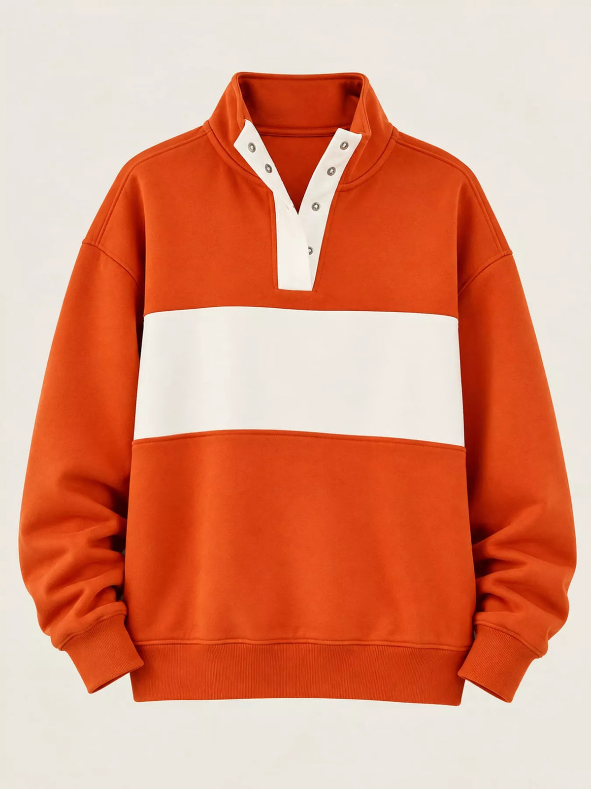 Orange and cream color block snap-button sweatshirt, snap neckline, contrast chest panel, cuffs, and hem