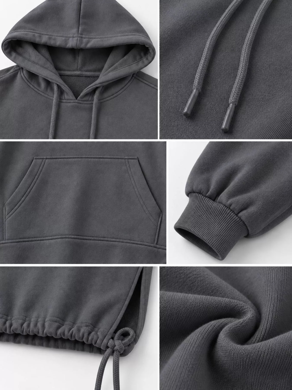 Gray hooded sweatshirt midi dress with drawstring hem, detail view