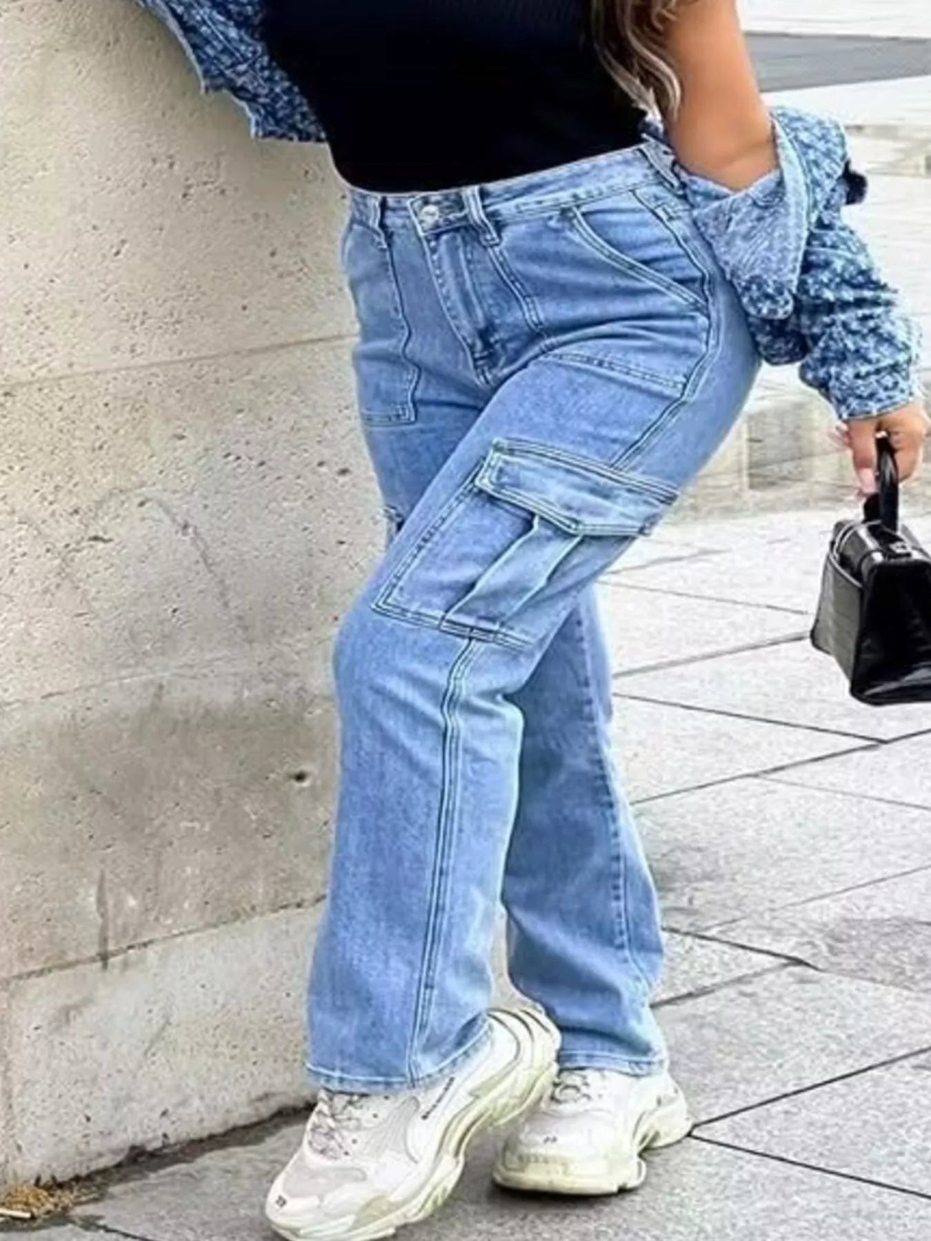 Trendsi Full Size Light Wash Cargo Jeans with Multiple Pockets Plus Size -