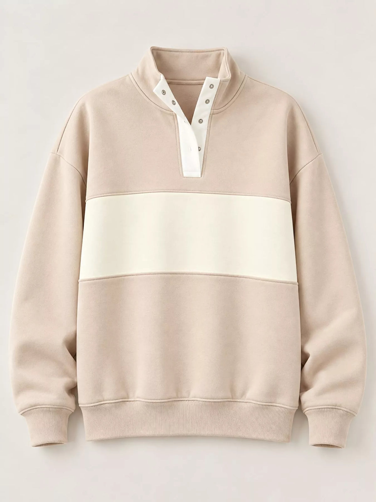 Beige and cream color block snap-button sweatshirt