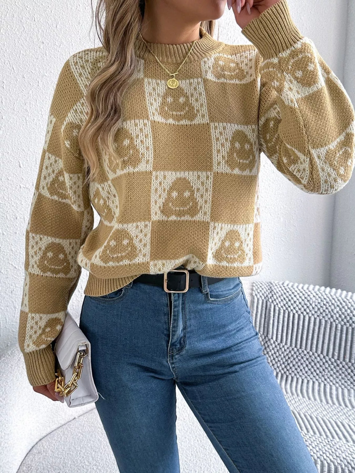 Checkerboard Halloween Graphic Sweater in mustard, front view
