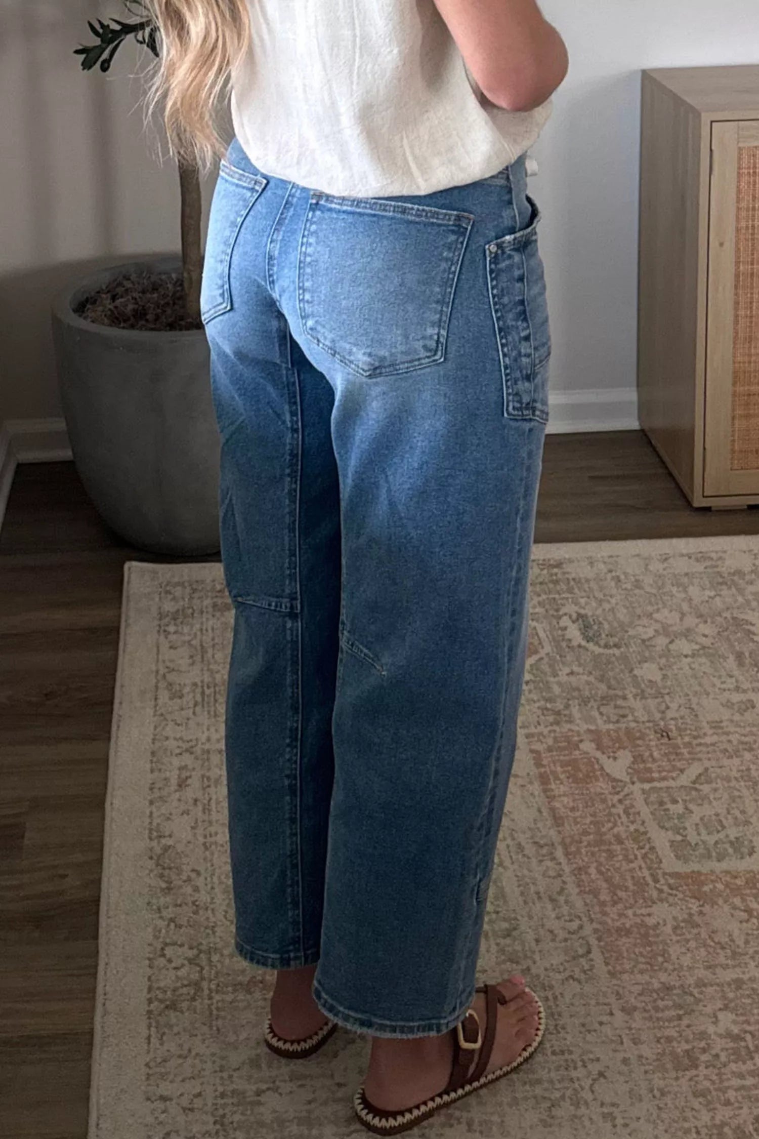 Patchwork grommet tie-waist ankle-length jeans