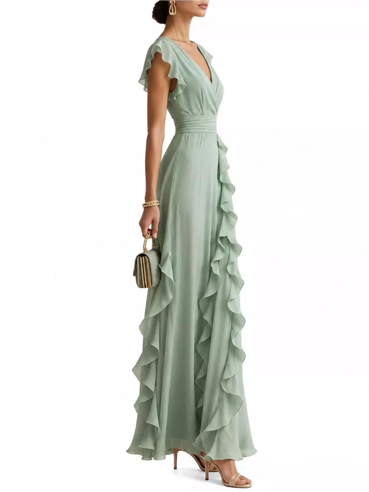Sage green ruffled surplice maxi dress, side view