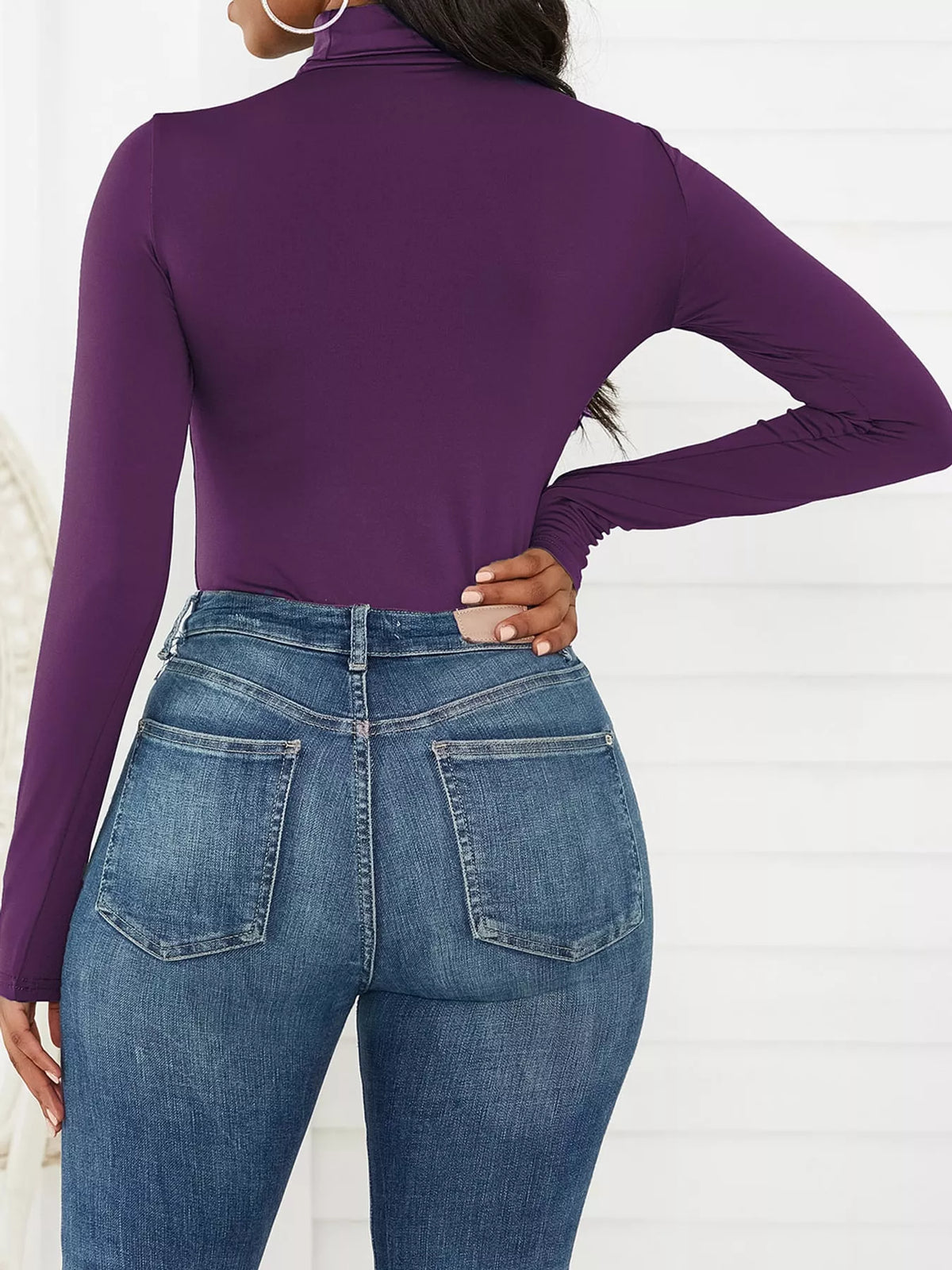 Long Sleeve Turtleneck Slim-Fit Bodysuit, back view in purple