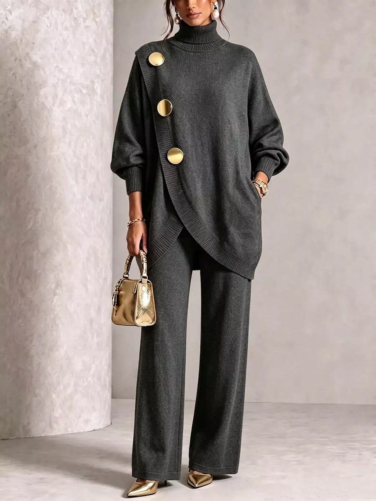 Turtleneck Asymmetric Sweater and Pants Set, front view