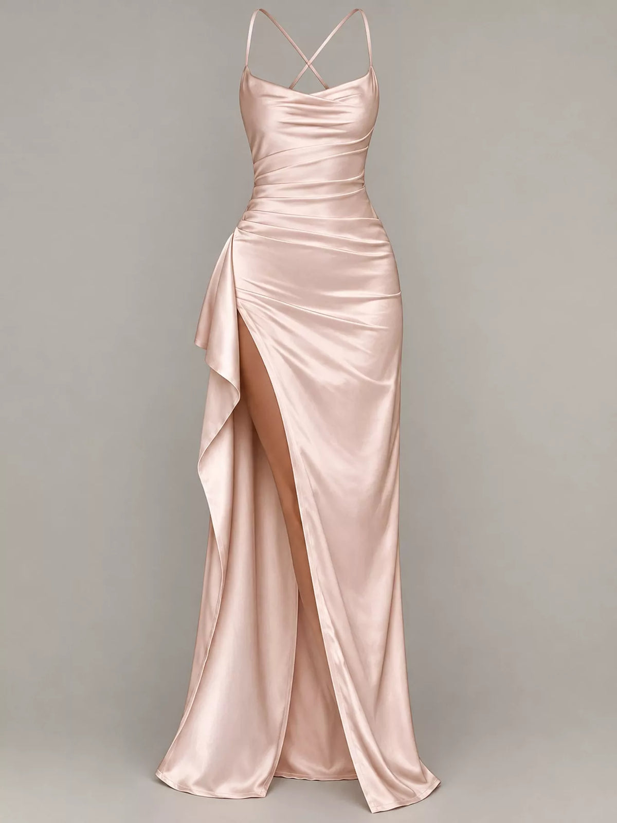 Champagne satin ruched high slit maxi dress, front view