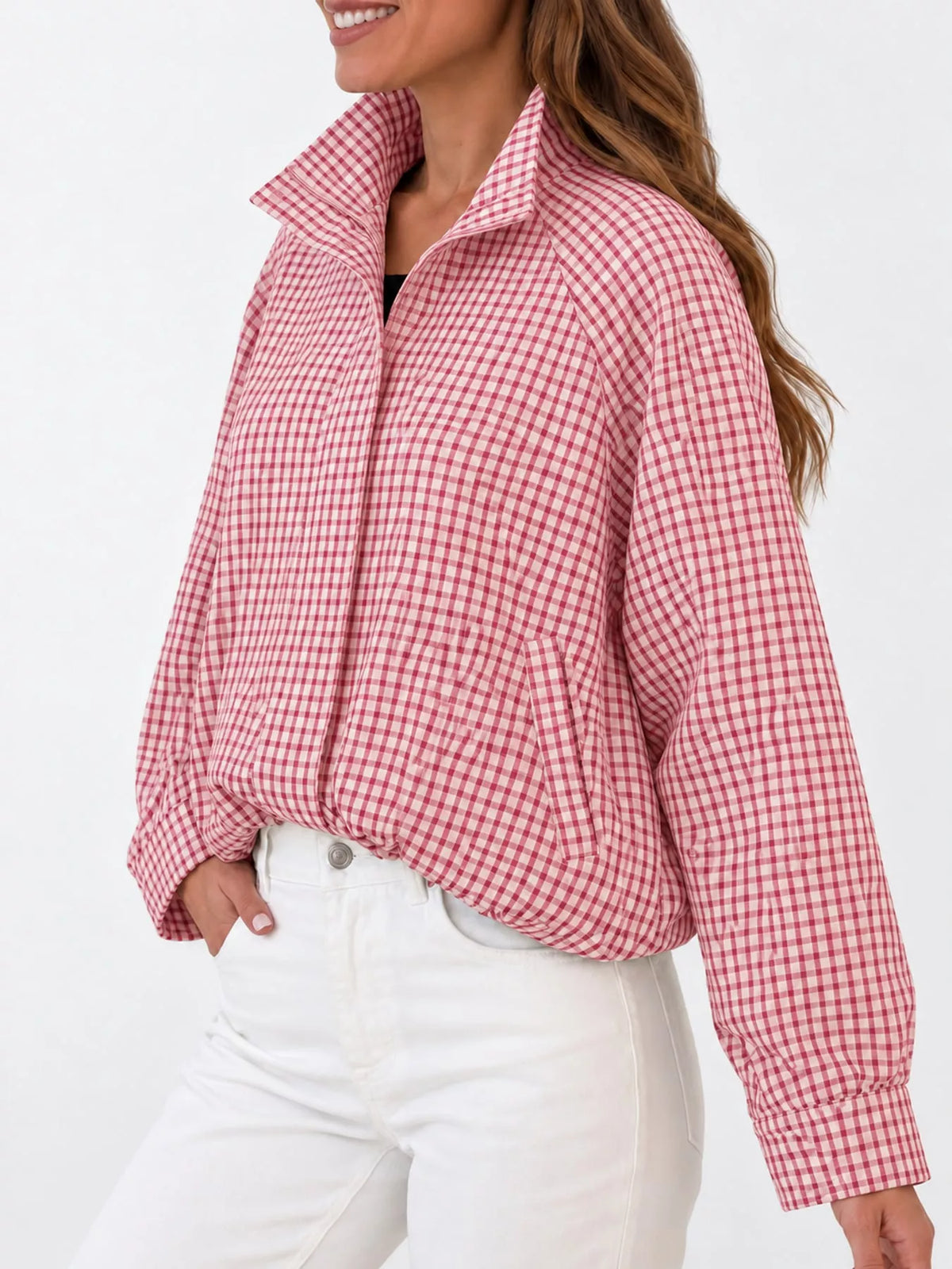 Pale Pink plaid stand-collar cropped jacket