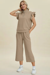 Trendsi Double Take Full Size Texture Ruffle Short Sleeve Top and Wide Leg Pants Set -