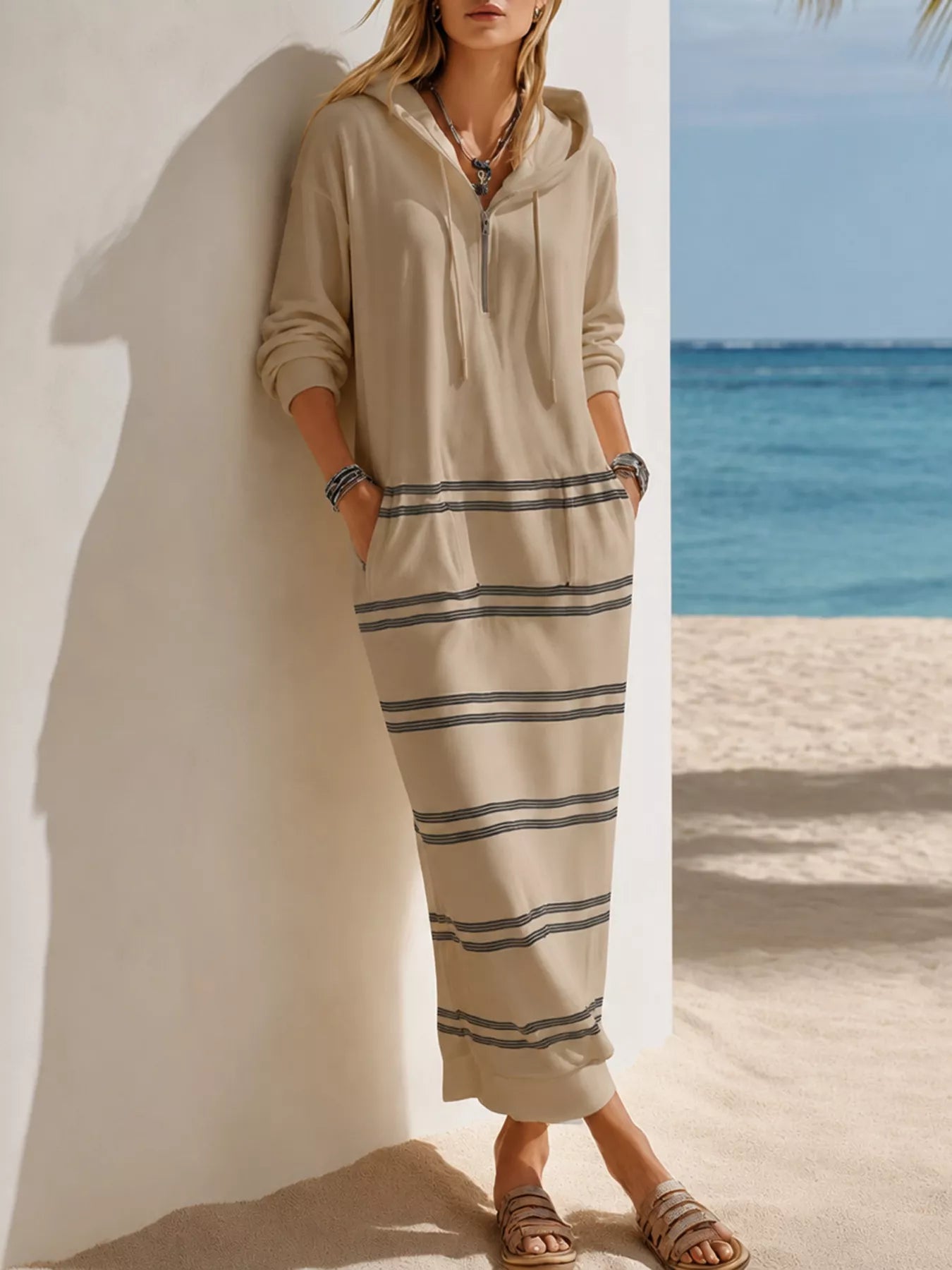 Trendsi Casual Striped Drawstring Hooded Dress -