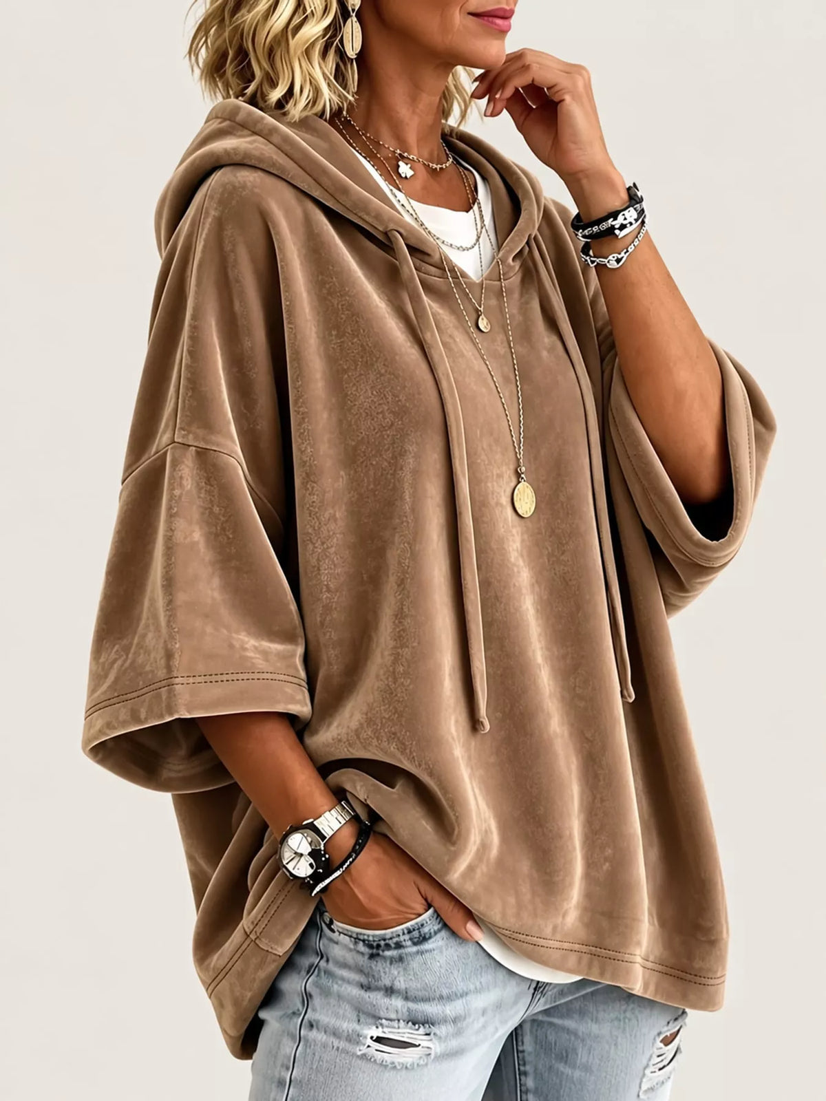Brown velvet half sleeve hoodie with drawstring, side view
