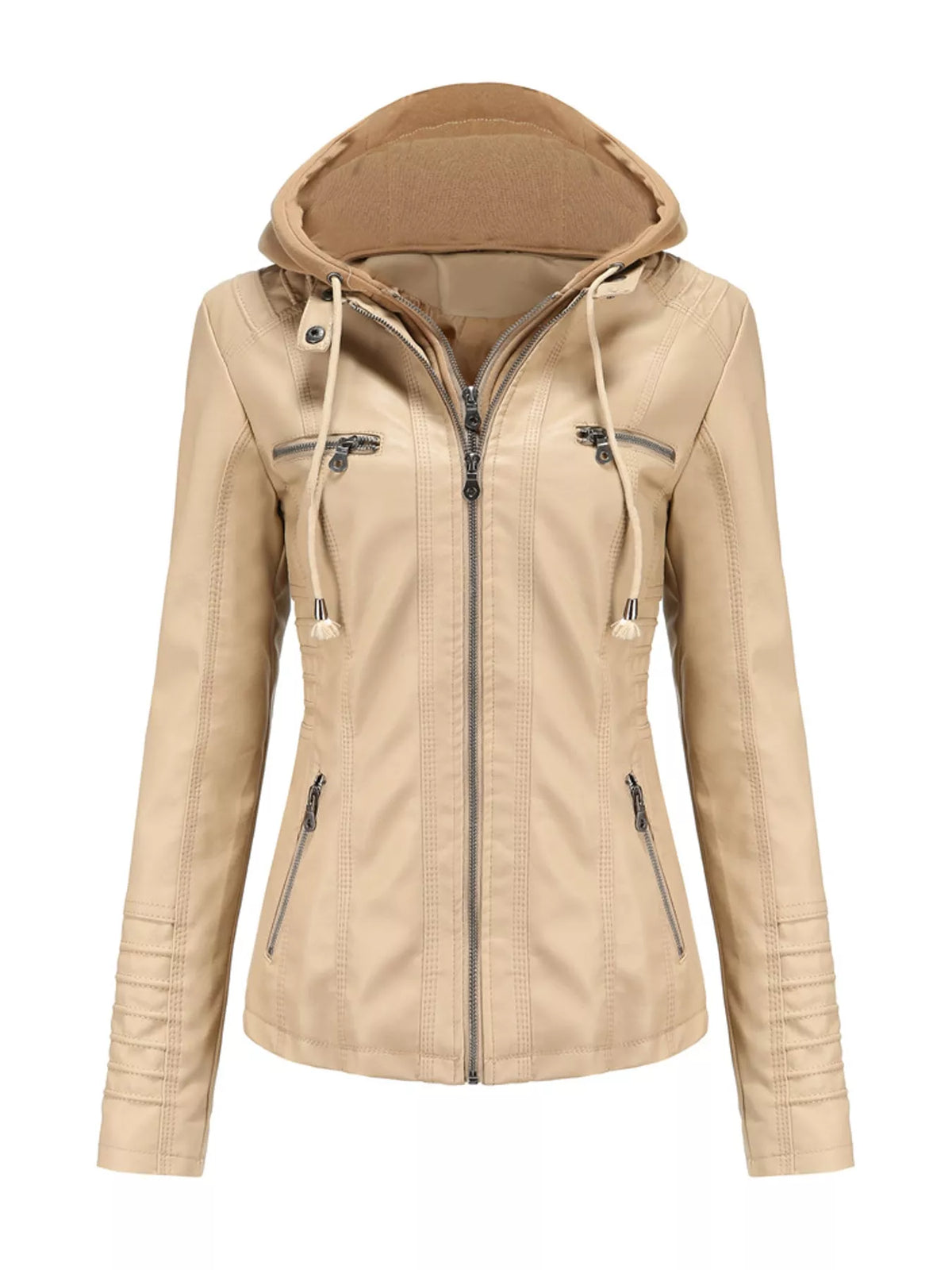 Hooded faux-leather jacket, beige flat front