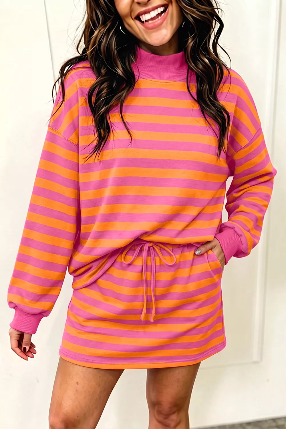 Women's striped colorblock mock-neck pullover and mini skort set