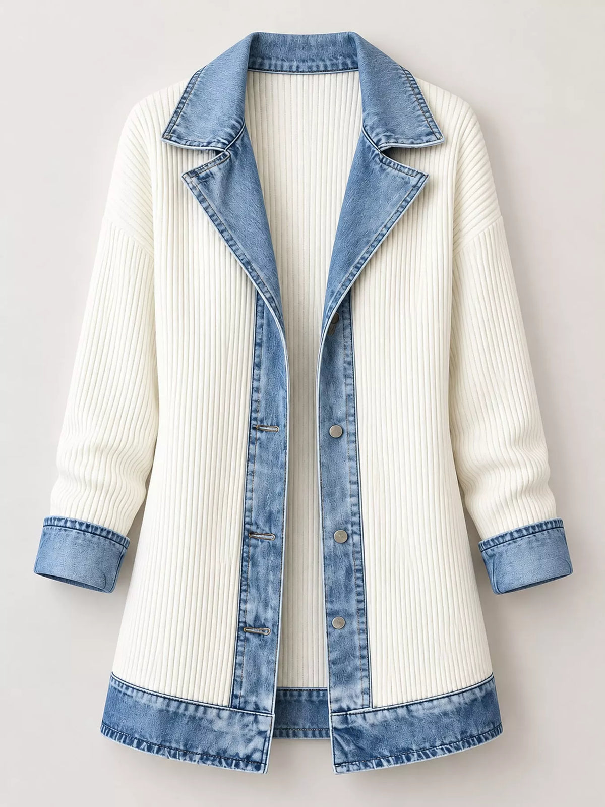 White denim trim ribbed knit cardigan